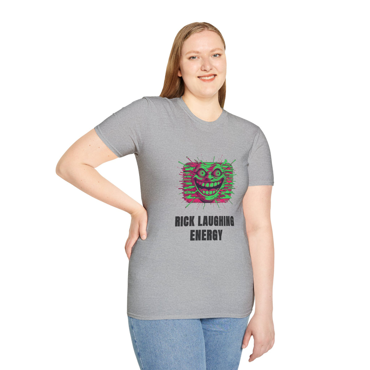 T-Shirt — 'Rick Laughing Energy' Neon Glitch Graphic - Trending Now - August 2026