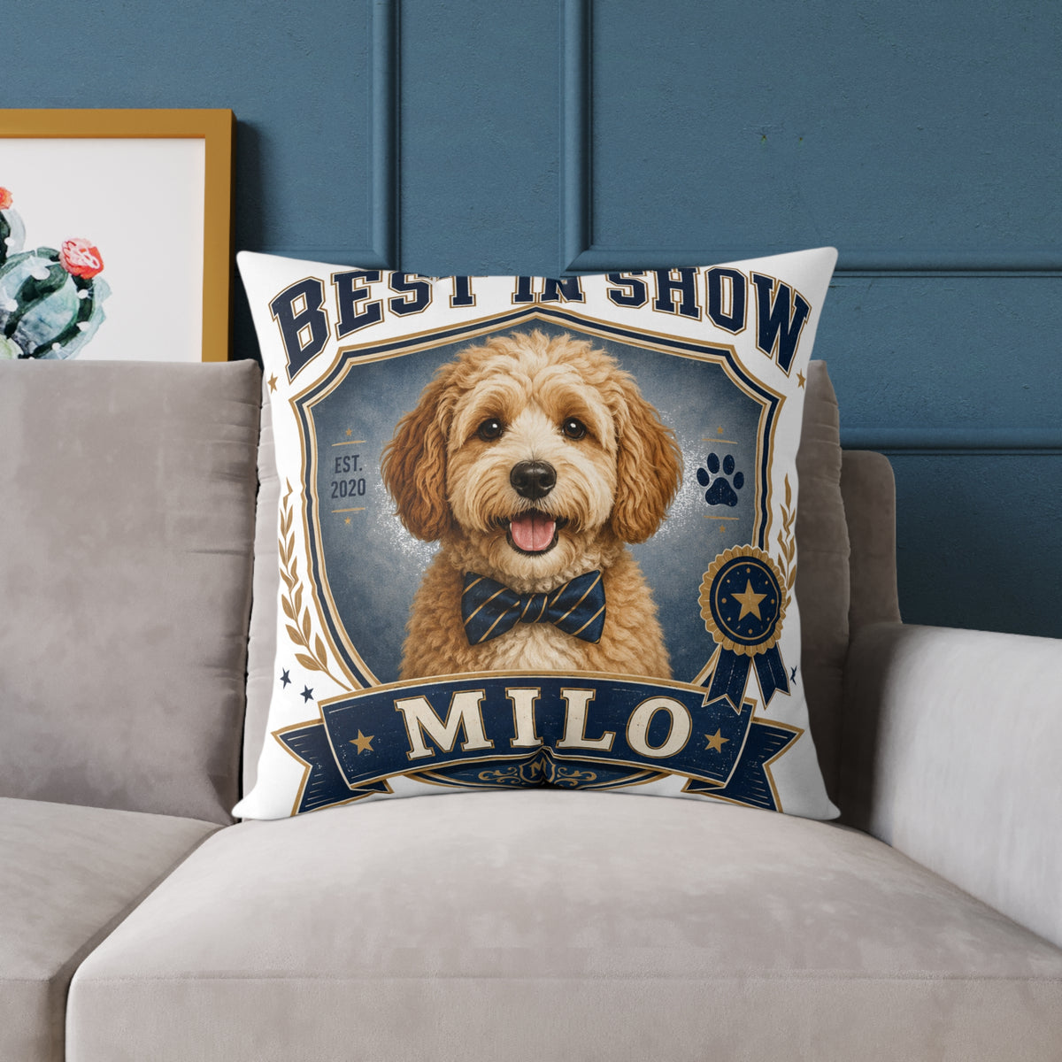 Best in Show Dog Pillow  Milo Bailey Dog Dad Mom — Personalized Milo Portrait Square Throw Pillow