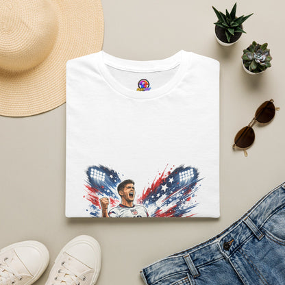USA Soccer Player Flag T-Shirt — Patriotic Football Fan Tee
