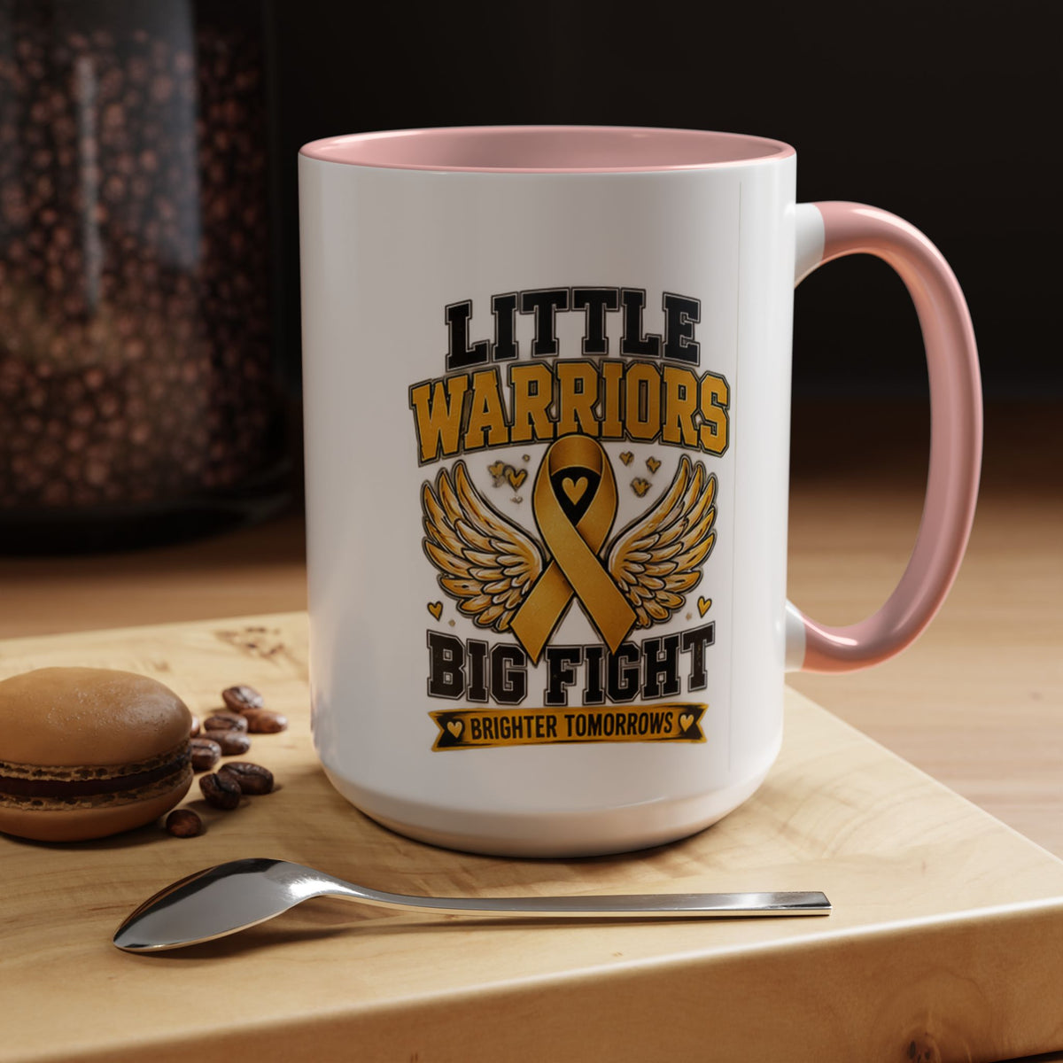 Little Warriors Big Fight Childhood Cancer Awareness Coffee Mug — Gold Ribbon Support Accent Mug