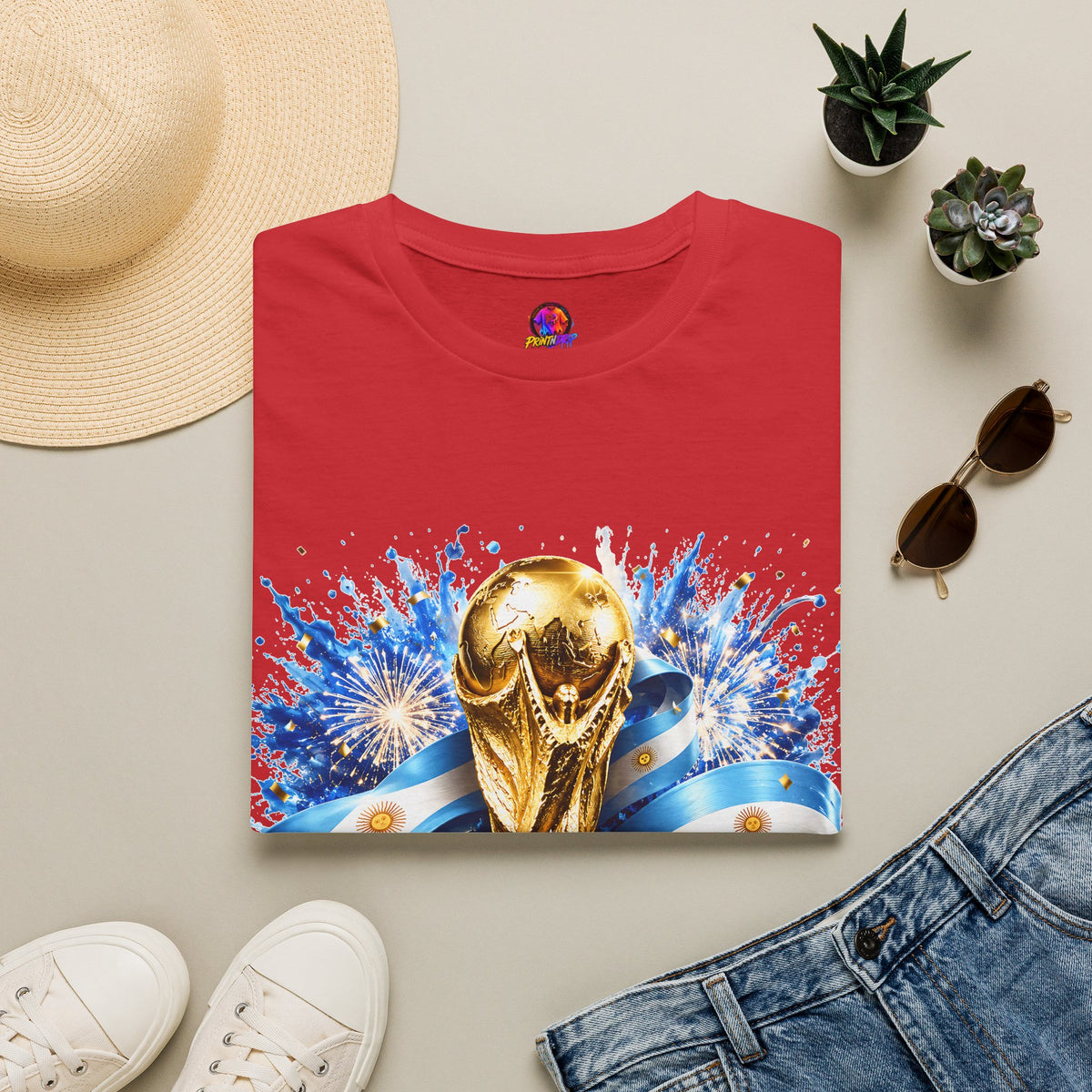 Argentina World Cup Champions T-Shirt — Gold Trophy Celebration Tee