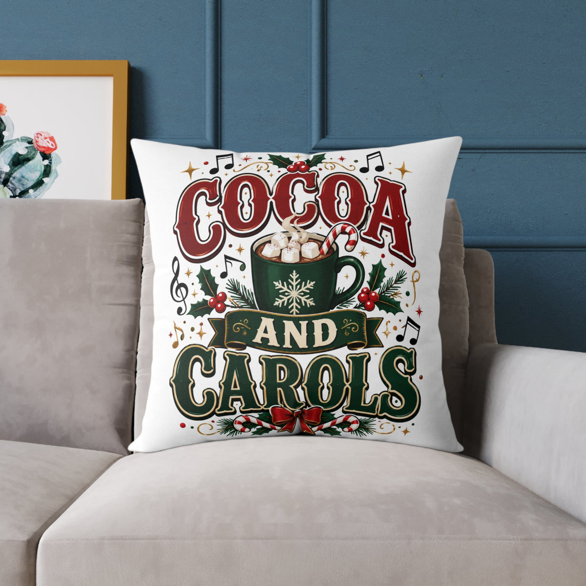 Christmas Cocoa and Carols Square Pillow — Holiday Hot Cocoa Christmas Decor