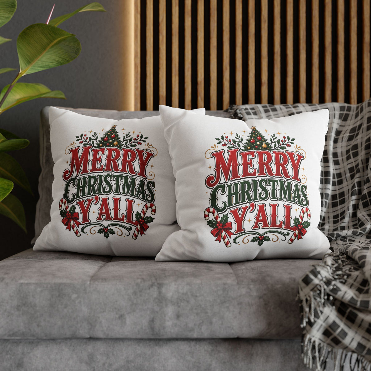 Christmas Square Pillowcase — Merry Christmas Y'all Holiday Decorative Pillow