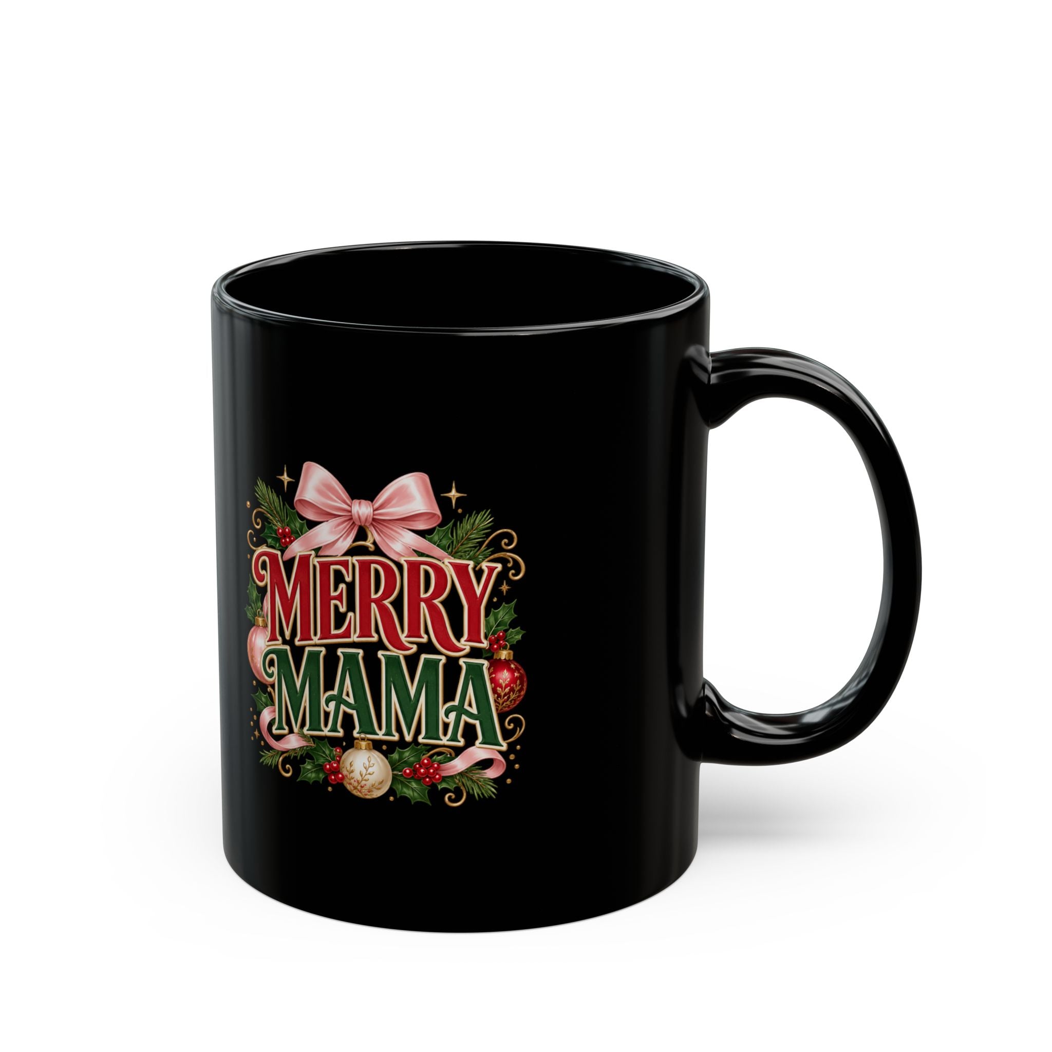 Merry Mama Christmas Mug — Festive Black Ceramic Holiday Coffee Cup
