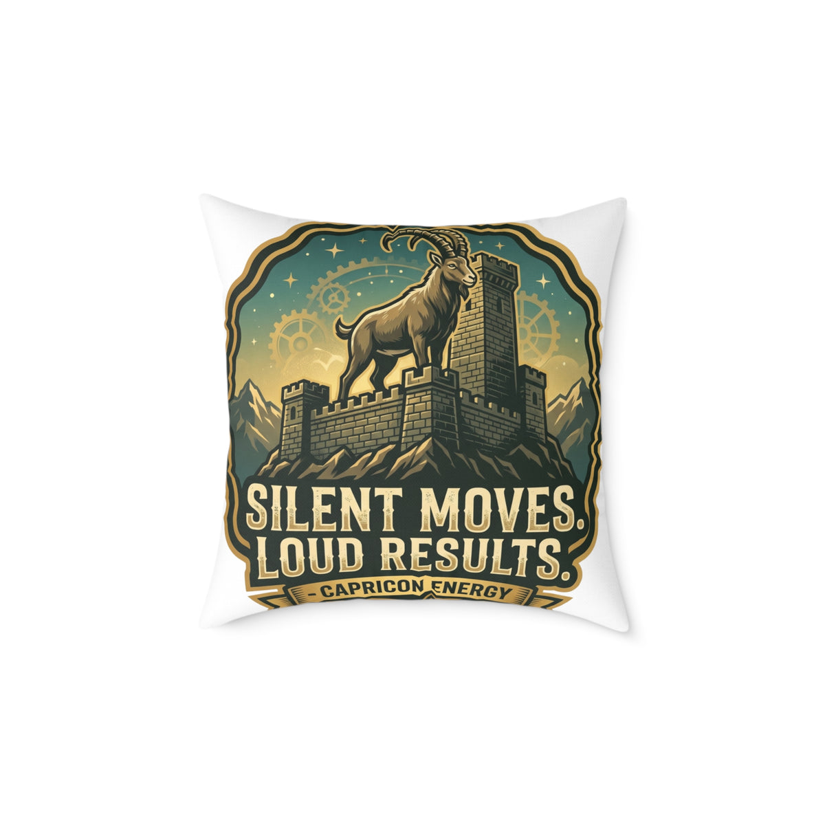 Capricorn Pillow — "Silent Moves, Loud Results" Square Throw Pillow