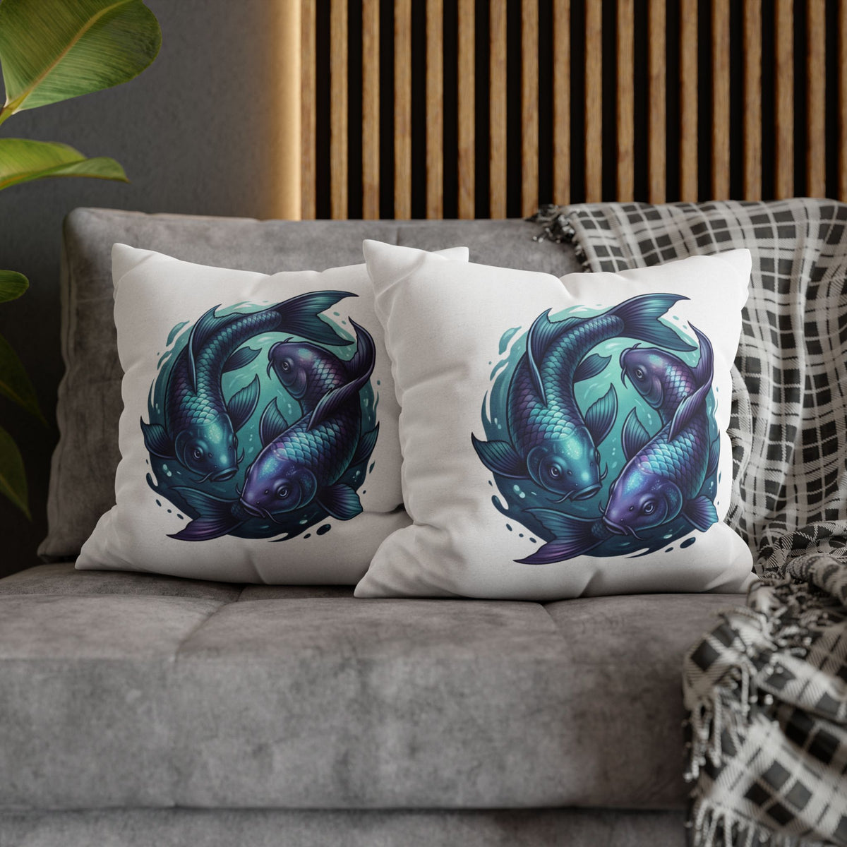 Pisces Koi Fish Decorative Pillowcase — Blue Yin Yang Aquatic Throw Pillow Cover