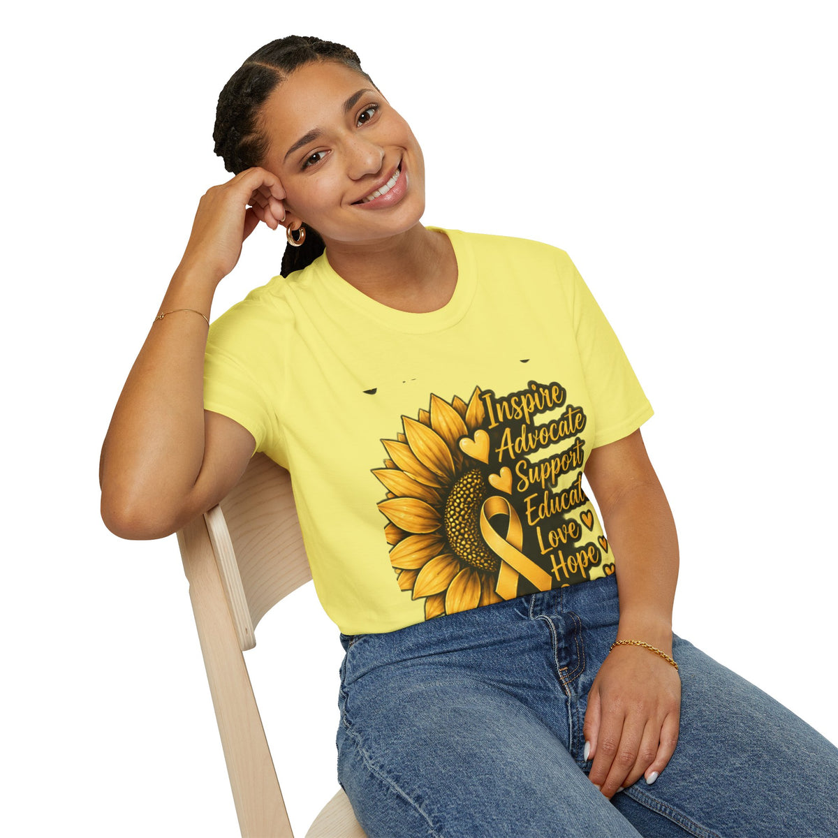 Childhood Cancer Awareness Sunflower T-Shirt – Inspire Advocate Support Educate Love Hope Cure