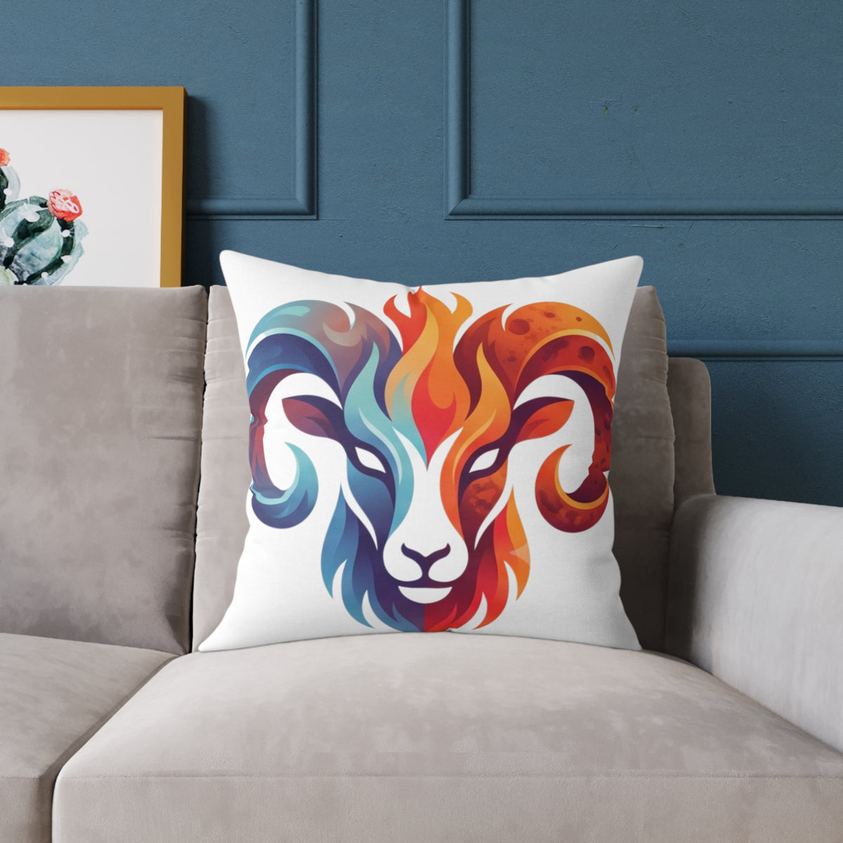 Aries Zodiac Flame Ram Art Pillow – Colorful Zodiac Aries Throw Pillow