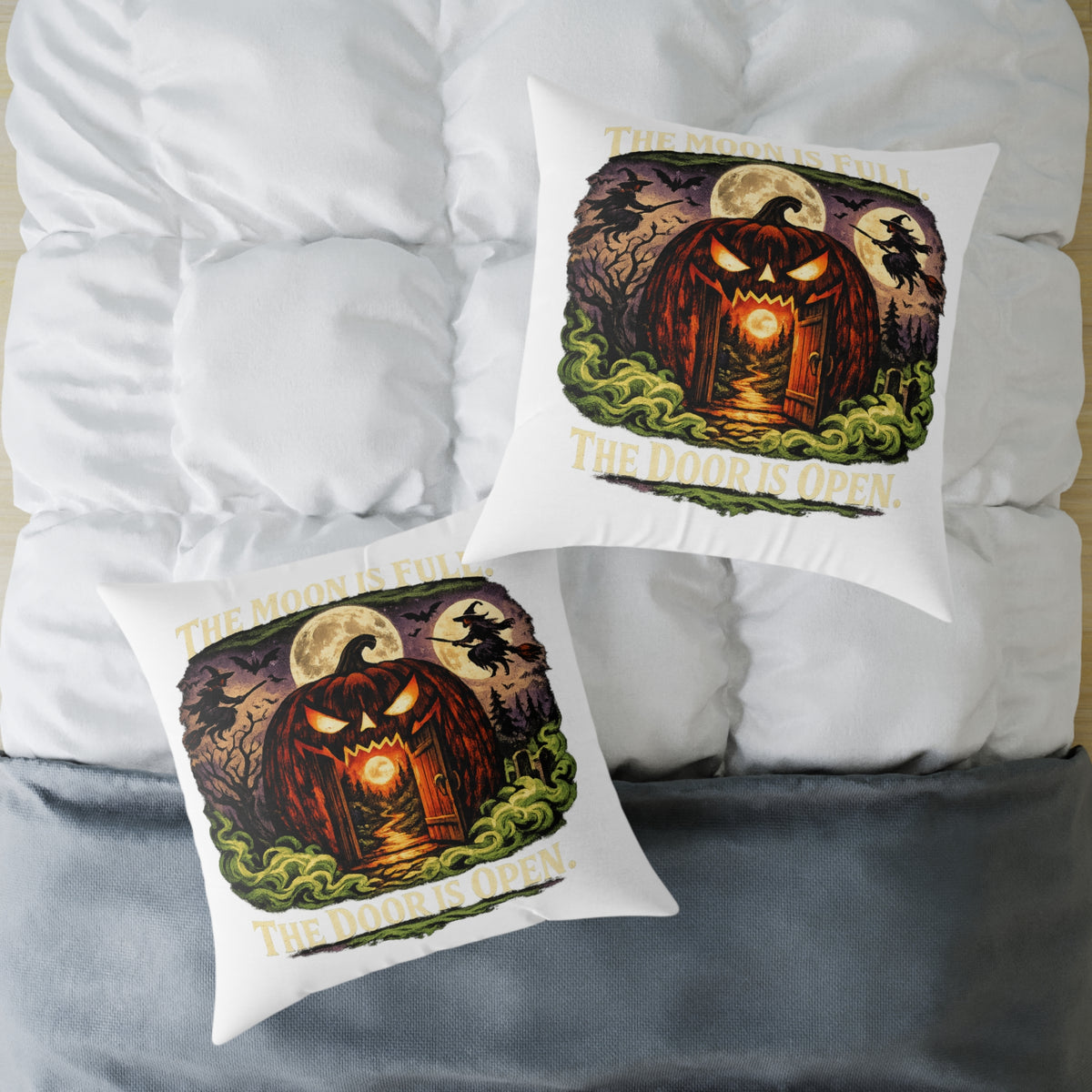 Halloween Pumpkin Doorway Square Pillow — Spooky Haunted House Decorative Throw Pillow