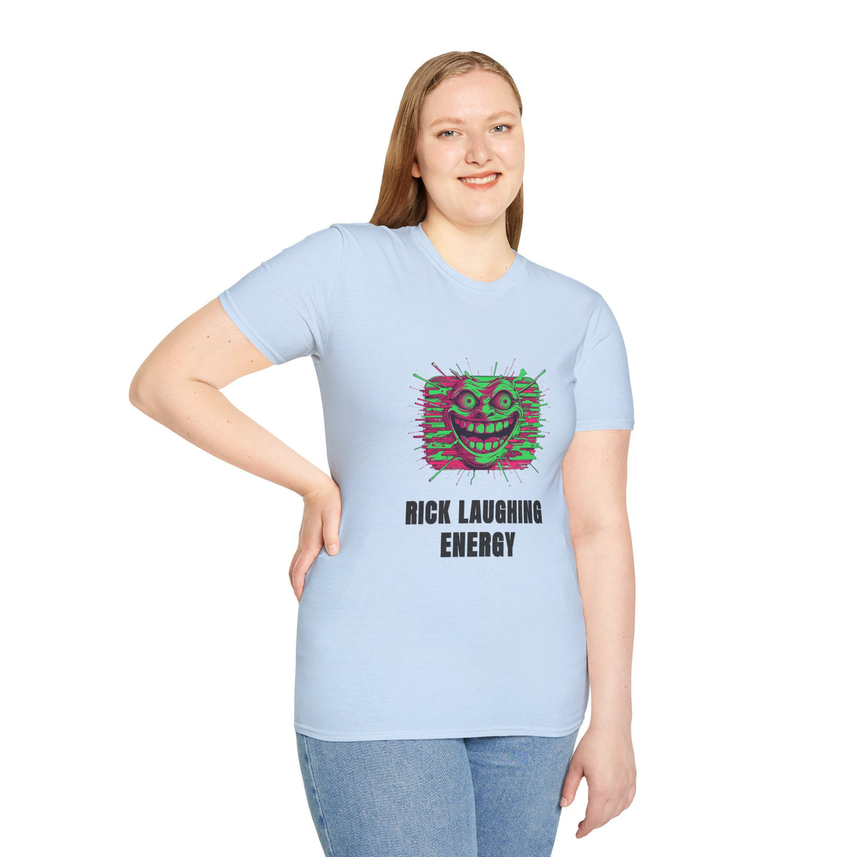 T-Shirt — 'Rick Laughing Energy' Neon Glitch Graphic - Trending Now - August 2026