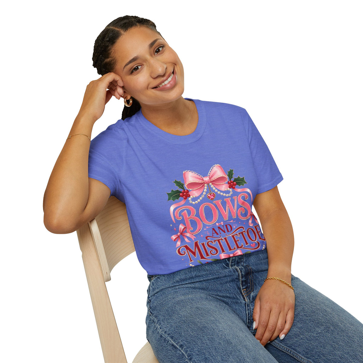 Bows and Mistletoe T-Shirt — Pink Holiday Bow Christmas Tee