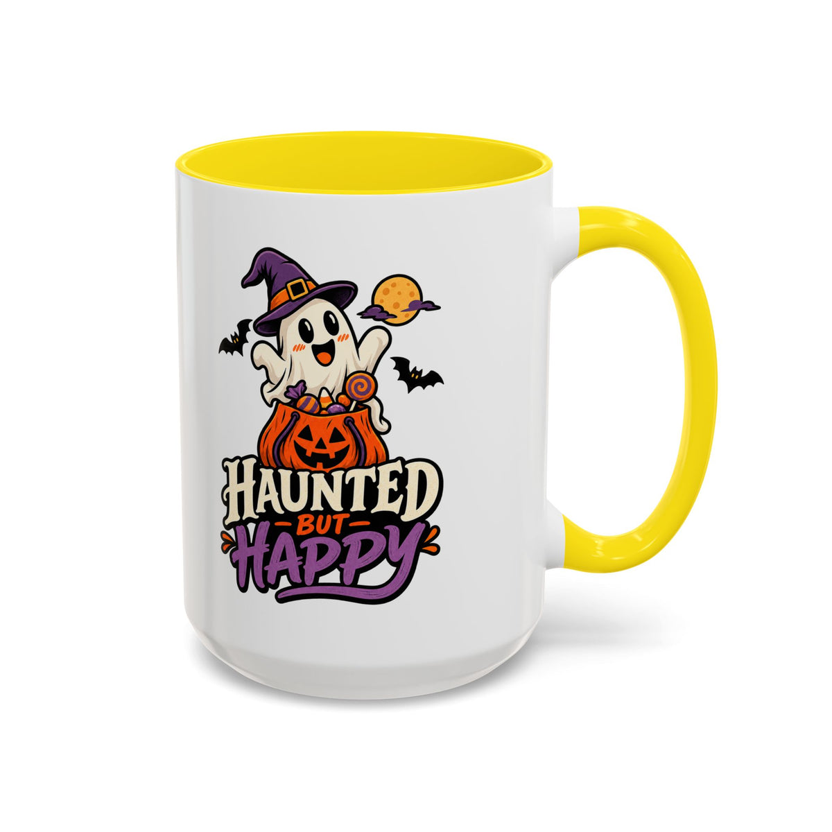 Haunted But Happy Coffee Mug — Halloween Ghost Pumpkin Accent Mug (11/15oz)