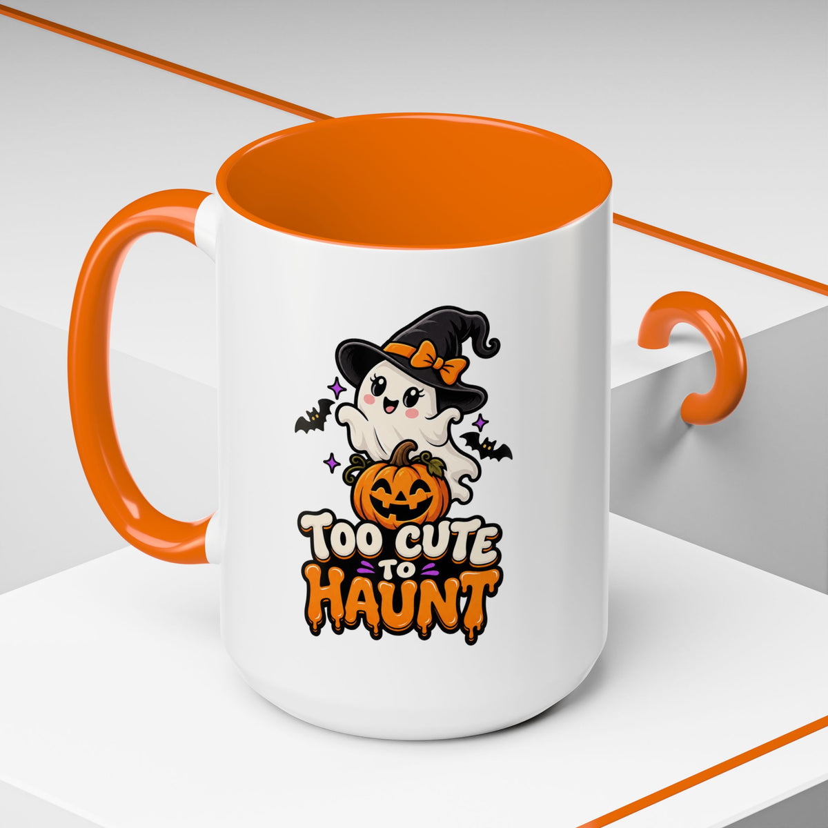 Halloween Coffee Mug - 'Too Cute to Haunt' Ghost Pumpkin Accent Mug