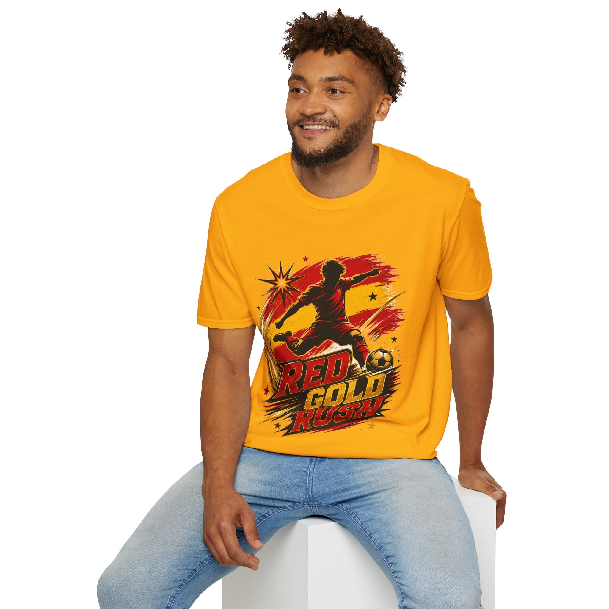 Spain Red & Gold Rush Soccer T-Shirt — Retro Soccer Player Graphic