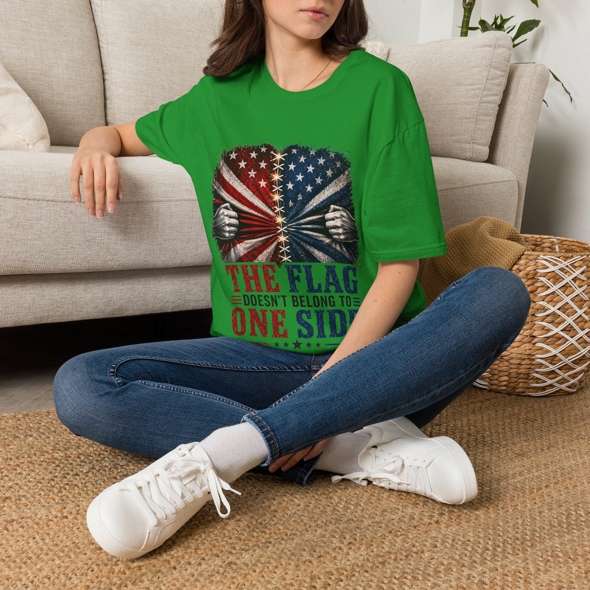 T-Shirt — "The Flag Doesn't Belong to One Side" Distressed American Flag Graphic