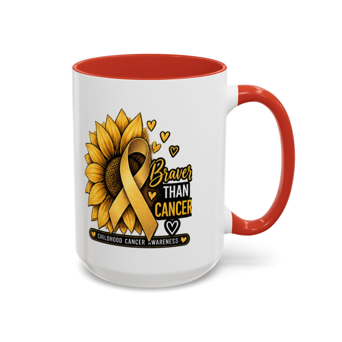 Childhood Cancer Awareness Mug — "Braver Than Cancer" Sunflower & Gold Ribbon