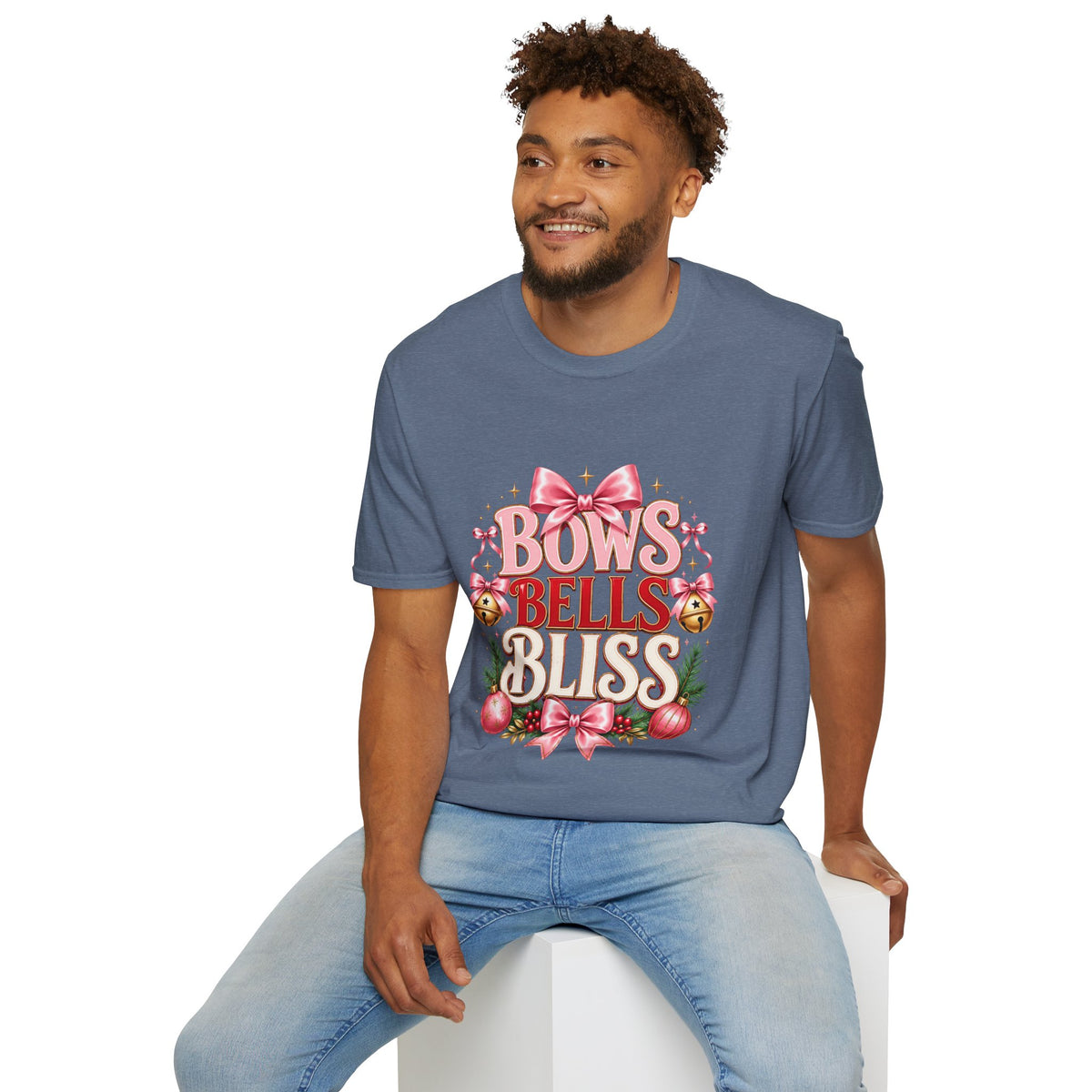 T-Shirt — "Bows Bells Bliss" Pink Holiday Graphic Tee