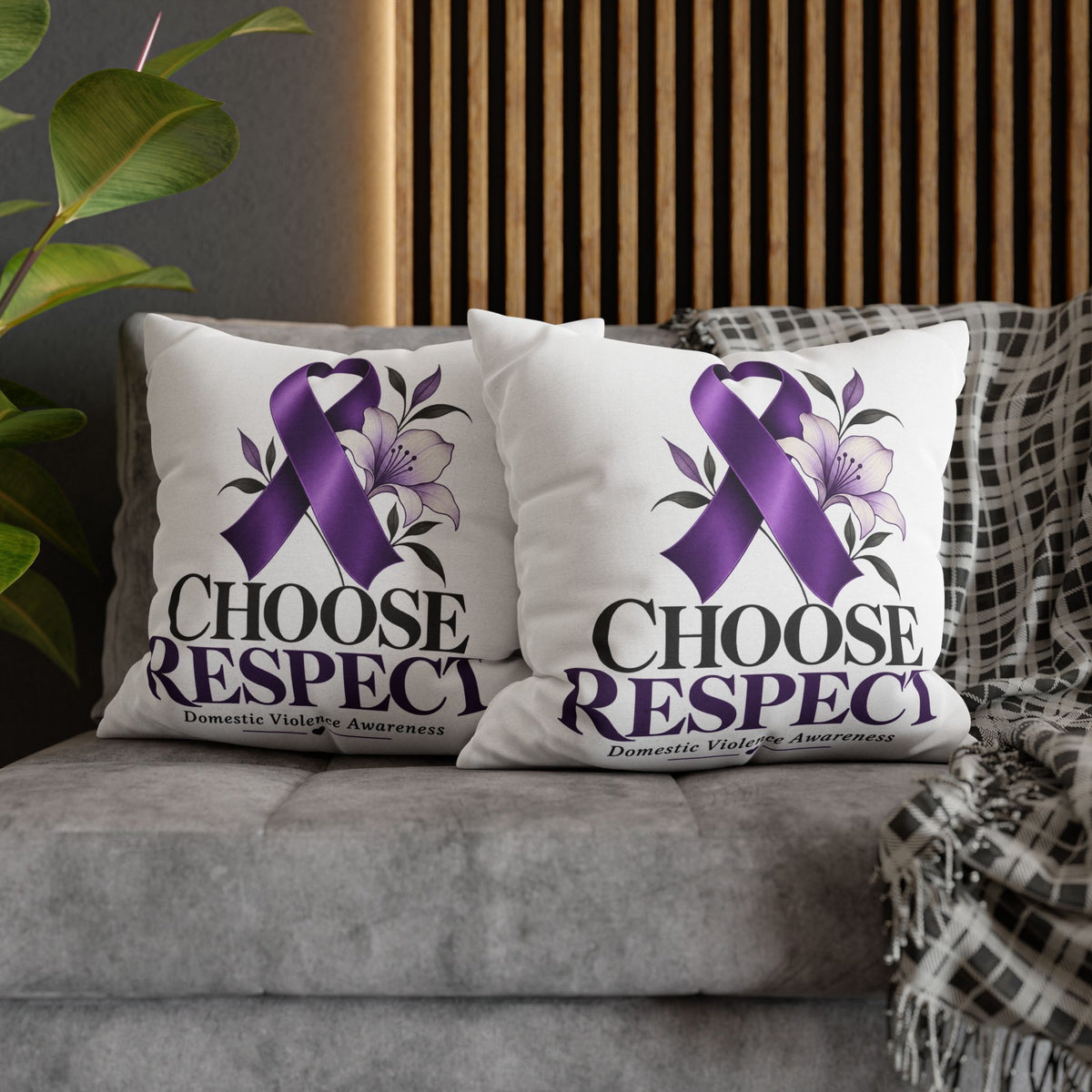Choose Respect Purple Ribbon Pillowcase — Domestic Violence Awareness Decorative Throw Pillow