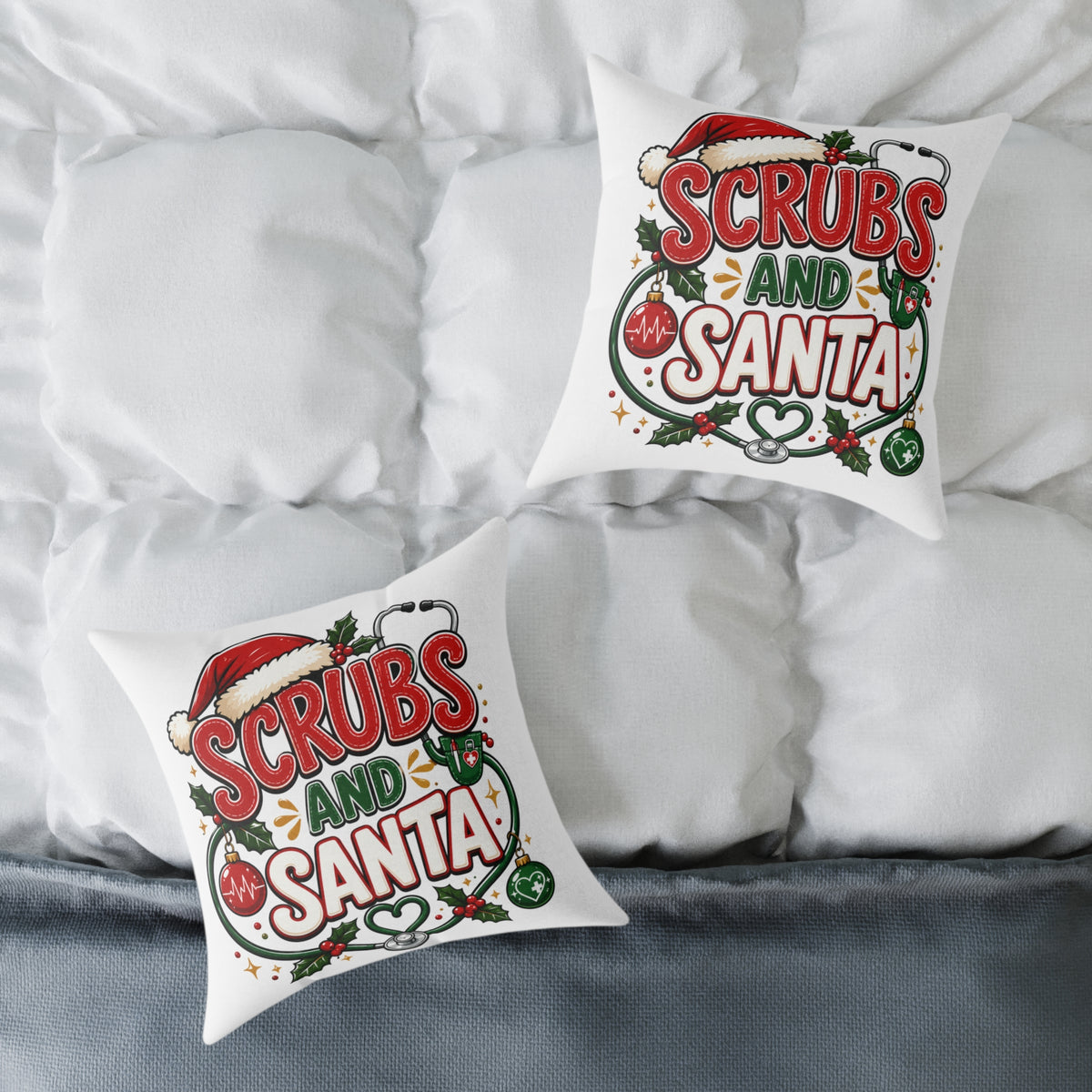 Christmas Square Pillow — Scrubs and Santa Christmas Cushion for Nurses