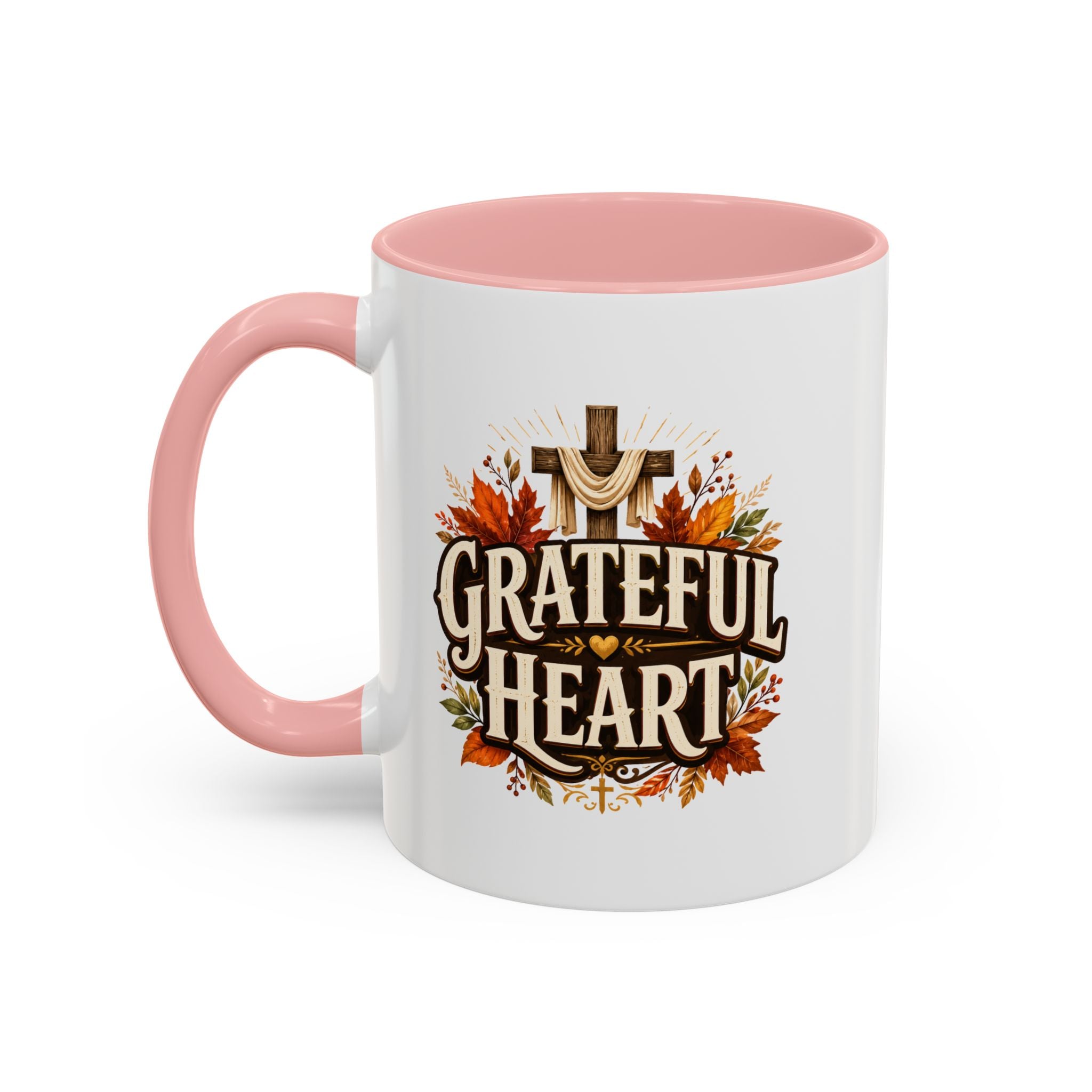 Thanksgiving Mug Grateful Heart Accent Coffee Mug – Autumn Leaves & Cross Spiritual Thanksgiving Gift