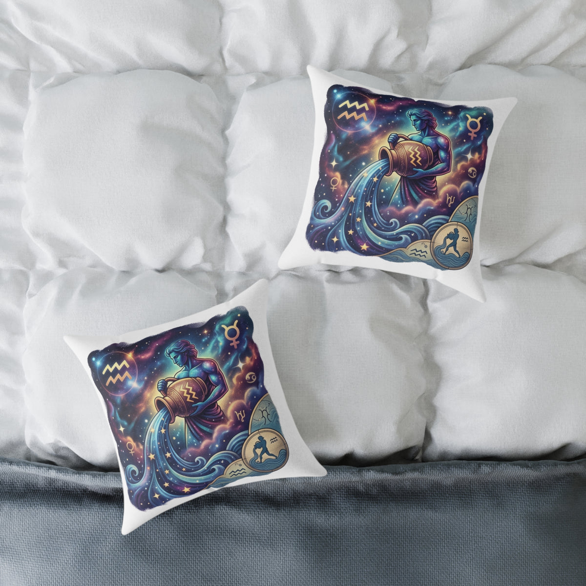 Aquarius Zodiac Pillow – Illustrated Astrological Water Bearer Throw Cushion