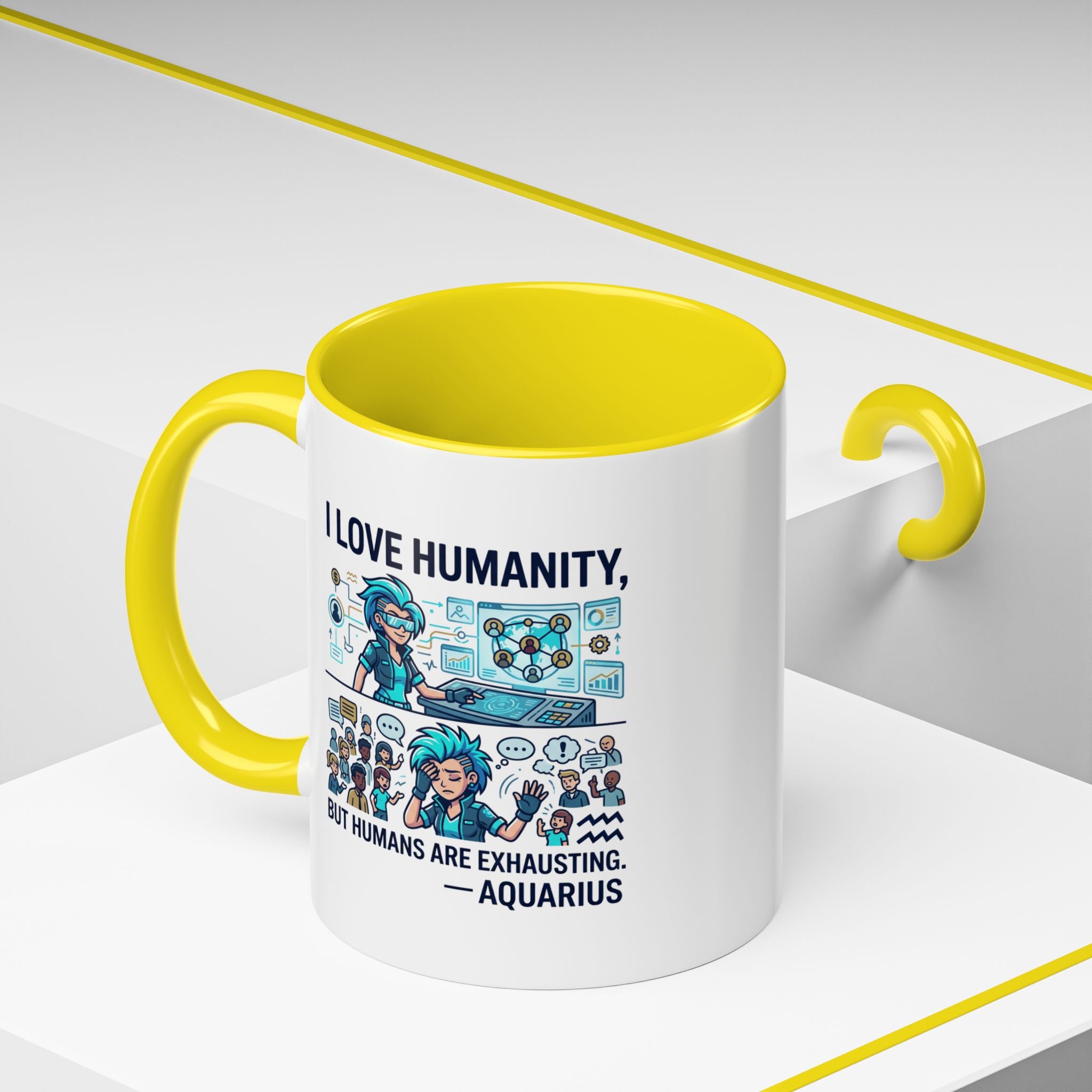Aquarius Zodiac Coffee Mug — "I Love Humanity, But Humans Are Exhausting" Accent Mug