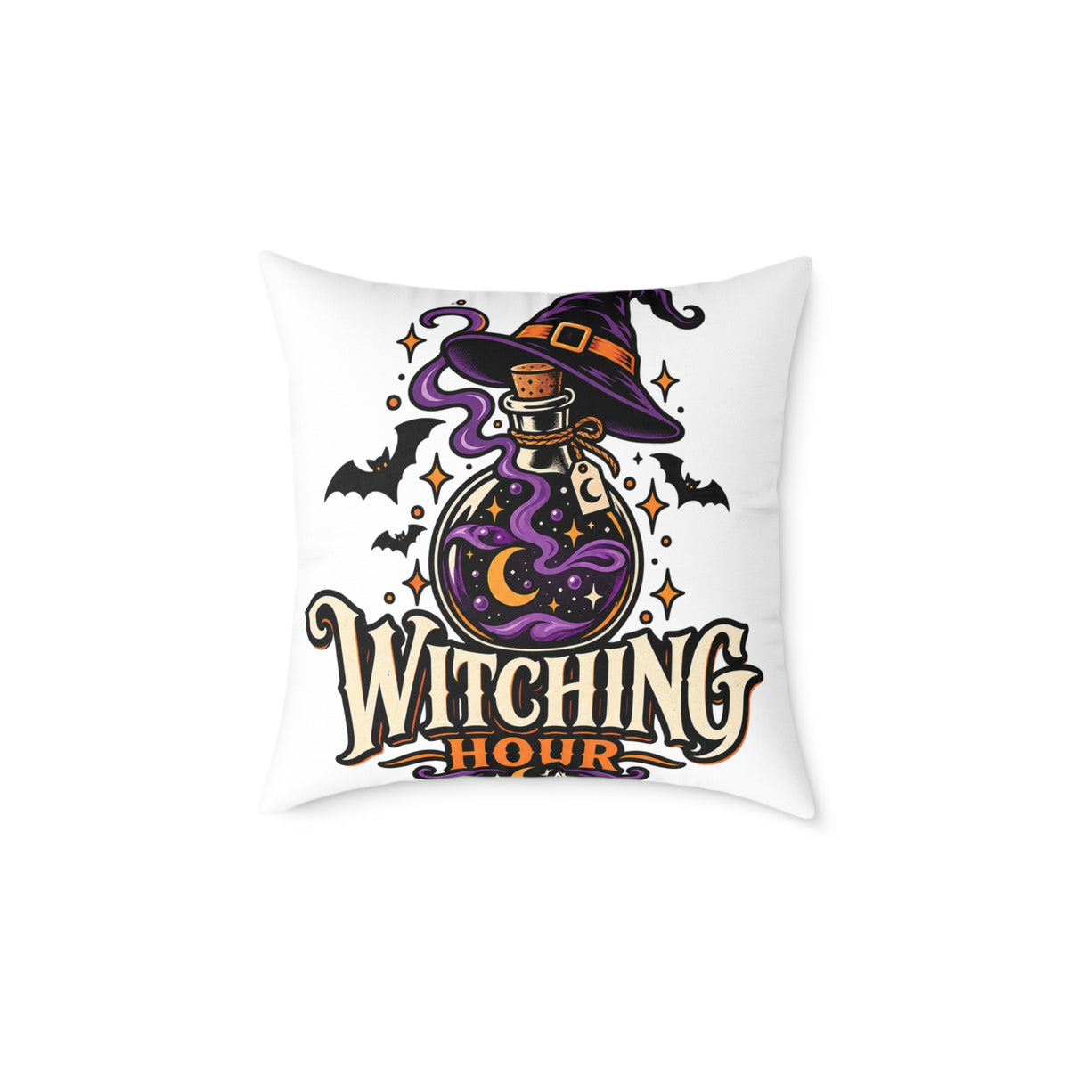 Witching Hour Halloween Decorative Pillow — Witch Hat & Potion Bottle Design