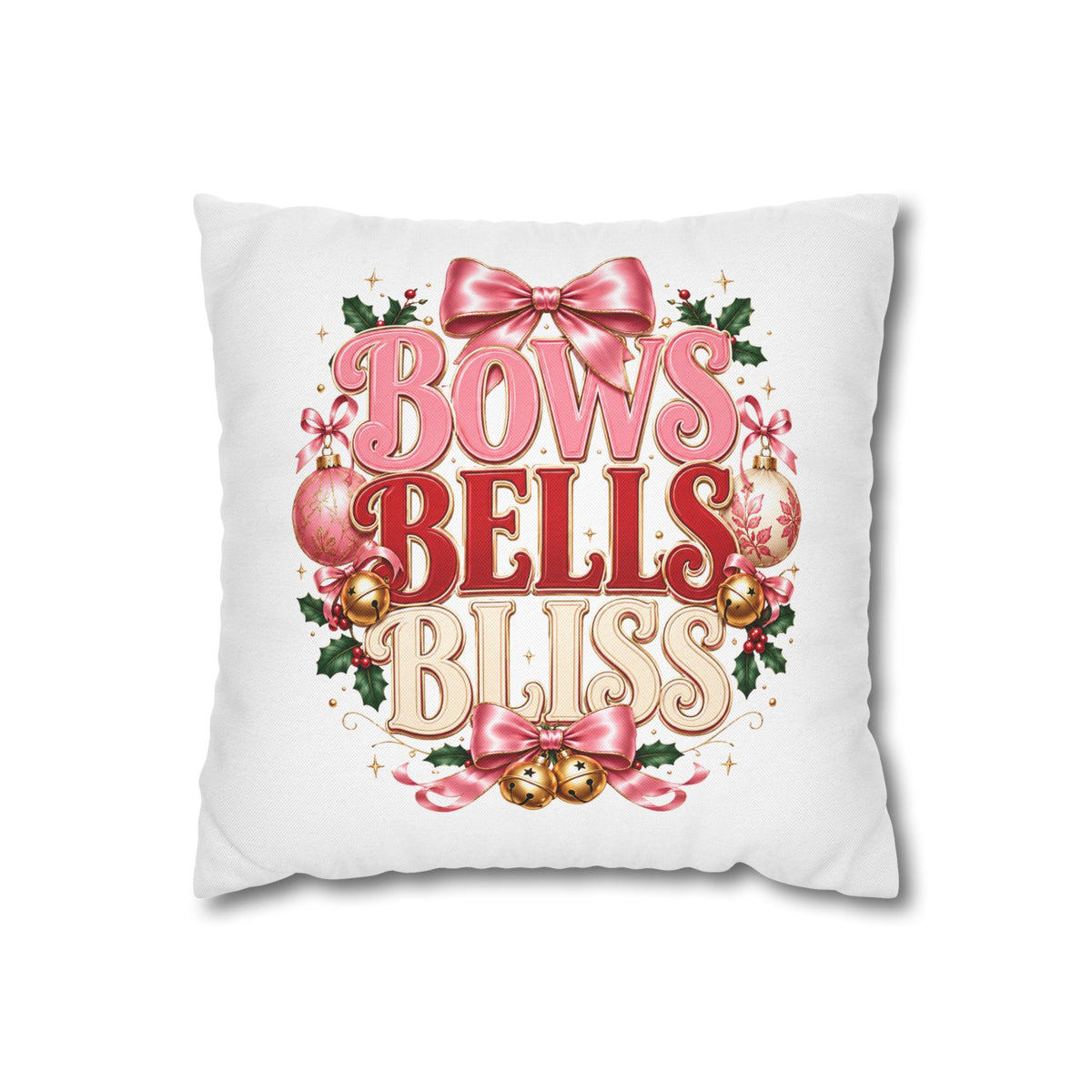 Christmas Decorative Pillowcase — "Bows Bells Bliss" Pink Holiday Throw Pillowcase