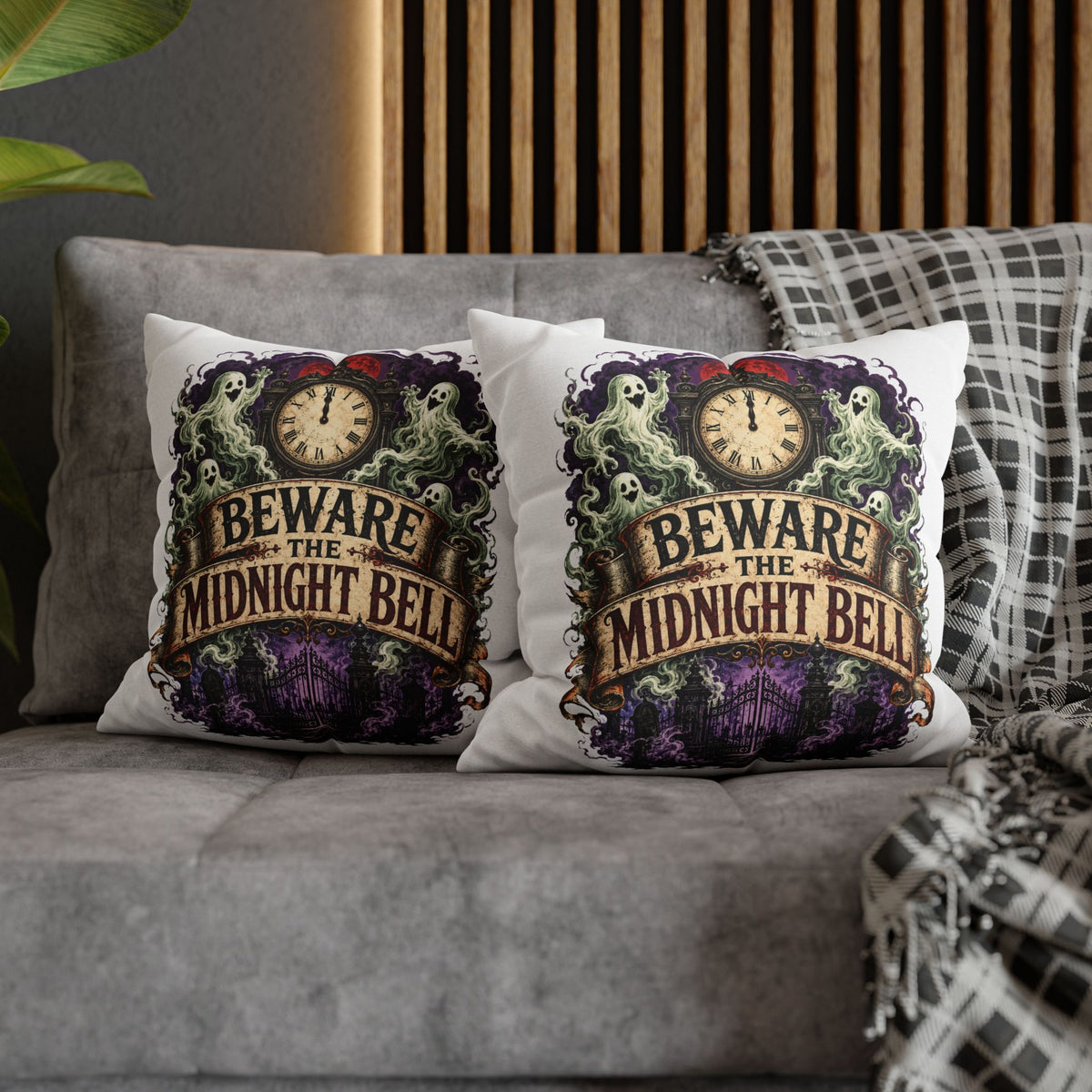 Halloween Beware the Midnight Bell Pillowcase — Haunted Clock & Ghosts Decorative Throw Pillow