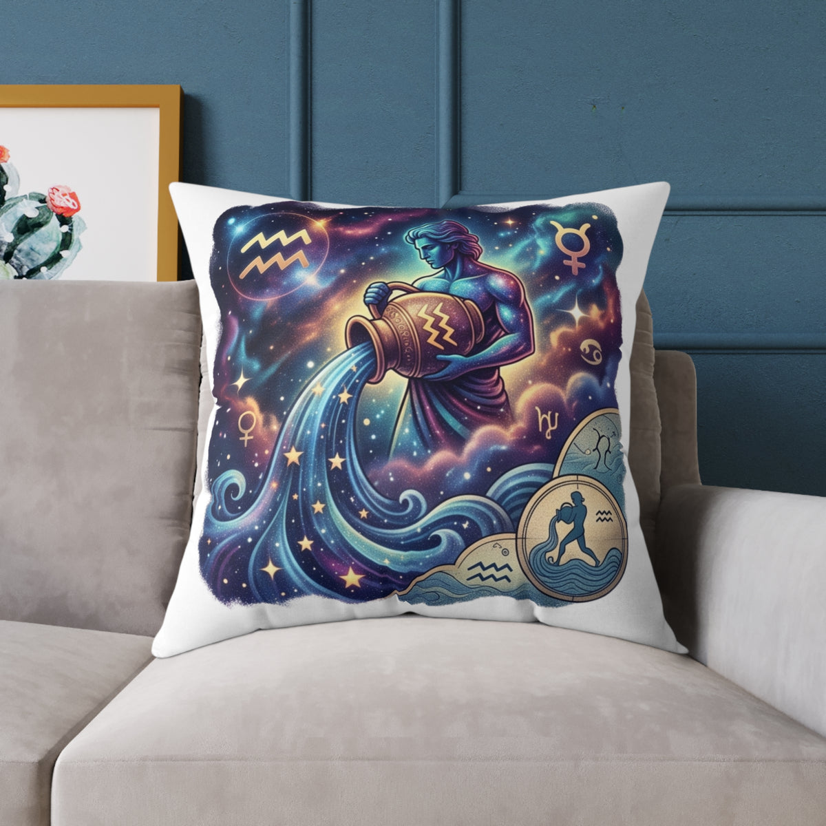 Aquarius Zodiac Pillow – Illustrated Astrological Water Bearer Throw Cushion