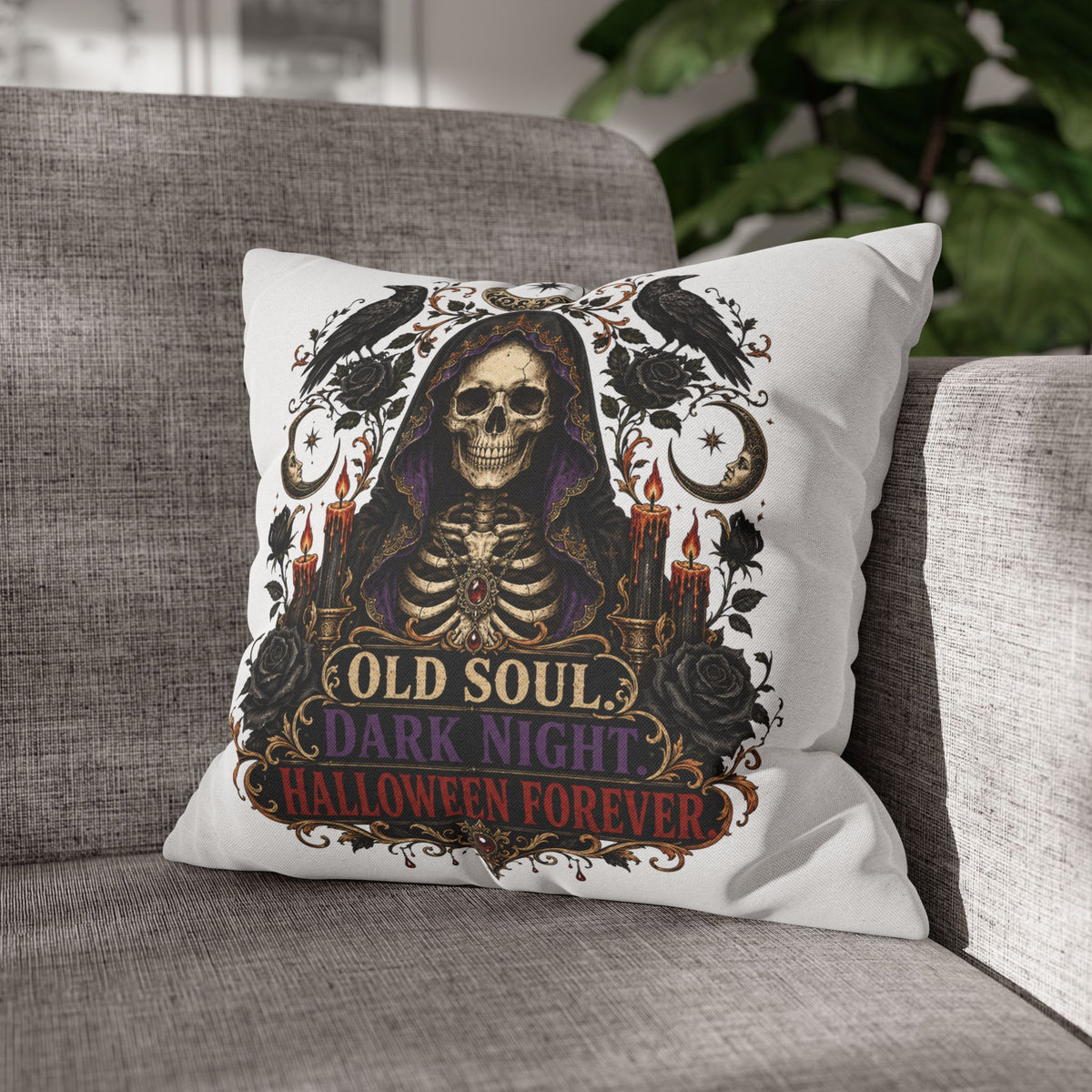Halloween Skull Pillowcase — "Old Soul Dark Night" Spun Polyester Square Pillow