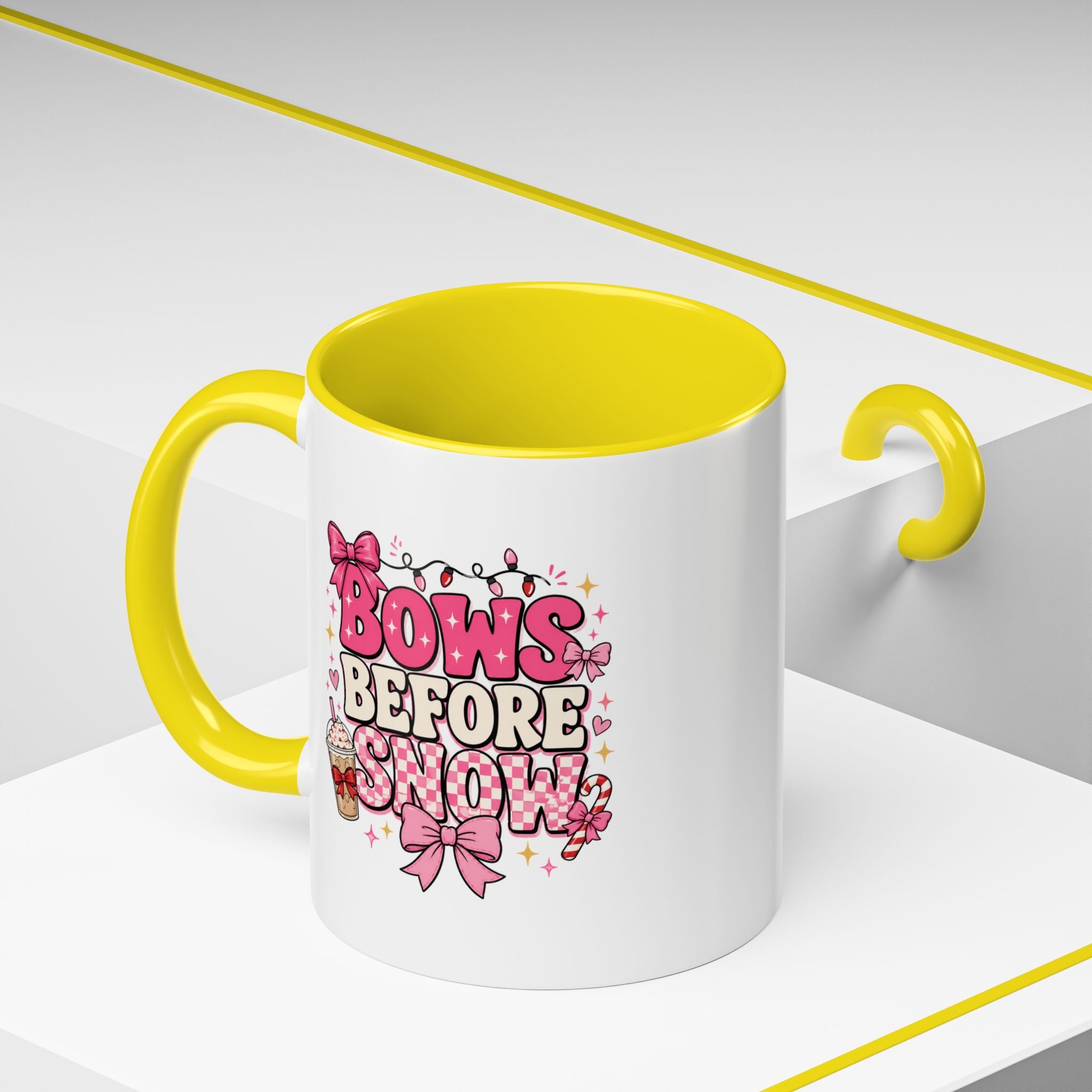 Modern Day Christmas Bows Before Snow Accent Coffee Mug — Cute Pink Holiday Hot Cocoa Design (11/15oz)