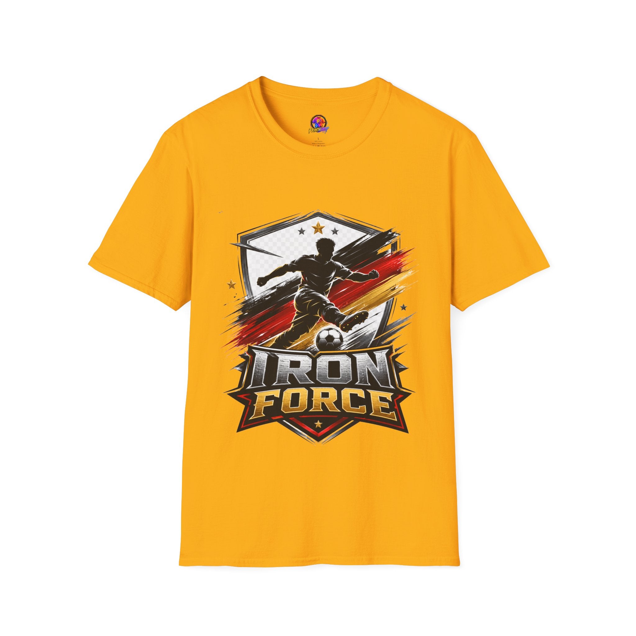 Germany Soccer 'Iron Force' Graphic T-Shirt — Player Silhouette with Red & Gold Brushstroke Emblem