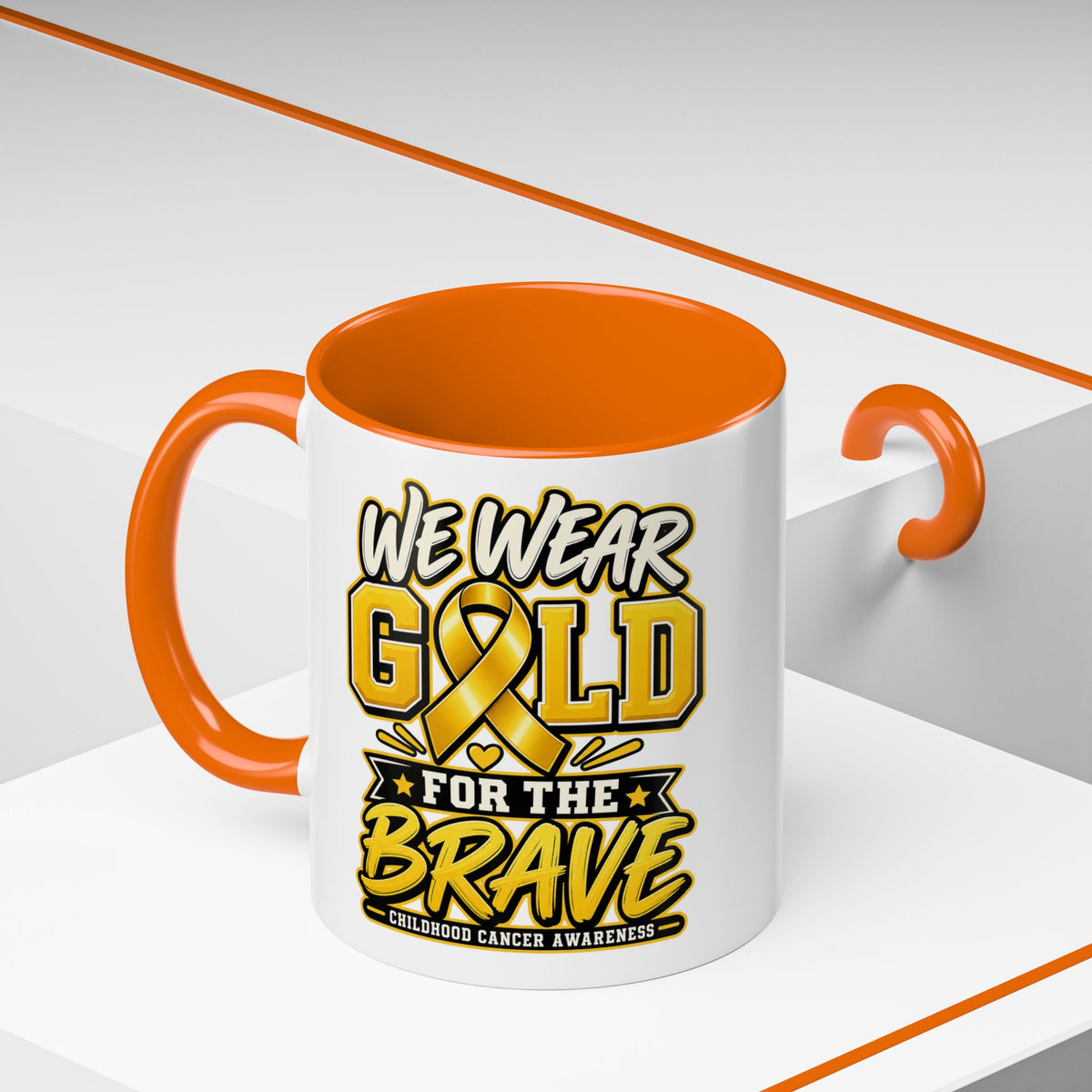 Childhood Cancer Awareness Accent Coffee Mug – "We Wear Gold for the Brave" (11/15 oz)