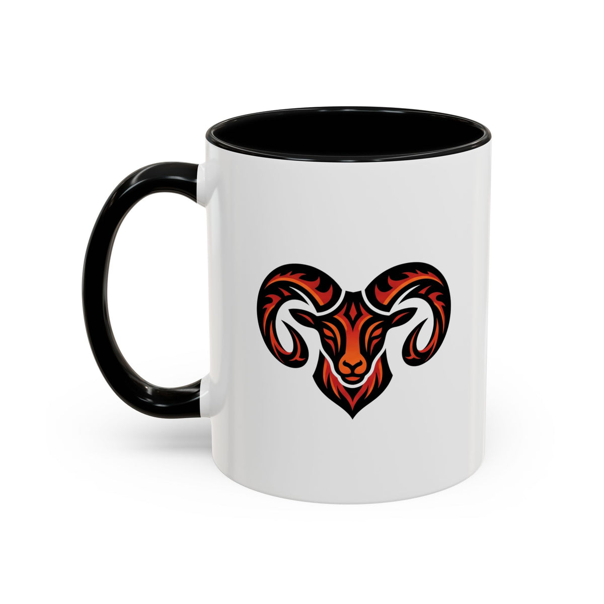Aries Zodiac Ram Logo Accent Coffee Mug — Bold Tribal Ram Head Design