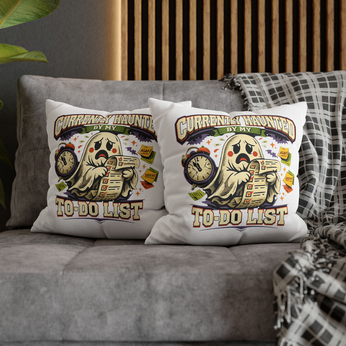 Halloween Ghost Pillowcase — "Currently Haunted by My To-Do List" Decorative Throw Pillow