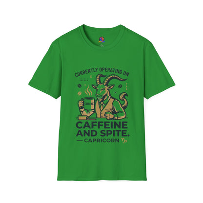 Capricorn T-Shirt — "Currently Operating on Caffeine and Spite" Zodiac Goat Tee