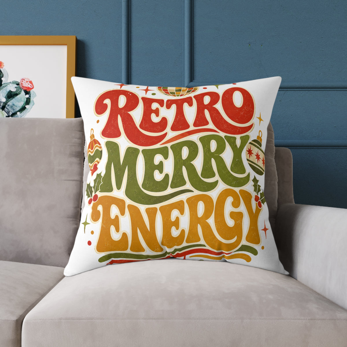 Retro Merry Energy Modern Day Christmas Pillow — Vintage Holiday Throw Pillow with Festive Typography