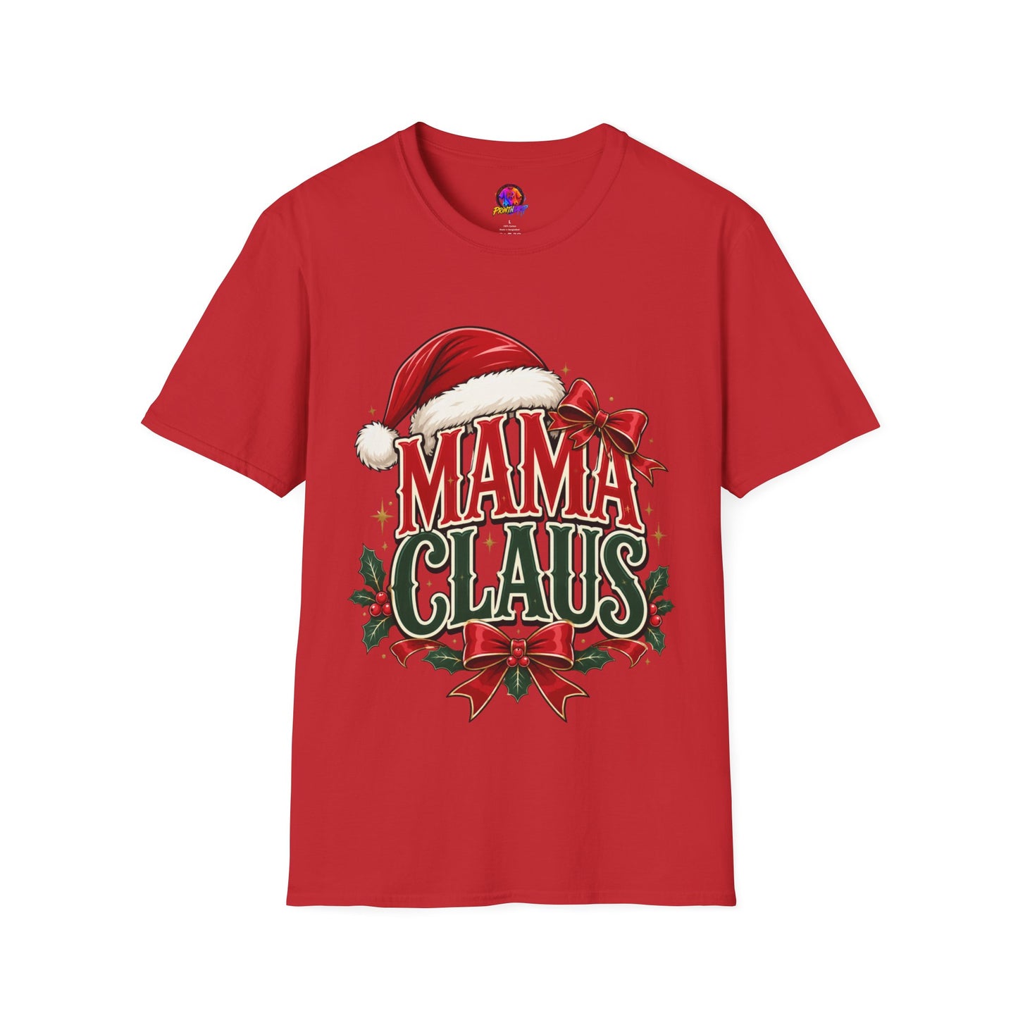 Mama Claus T-Shirt — Festive Christmas Mom Tee with Santa Hat & Bow