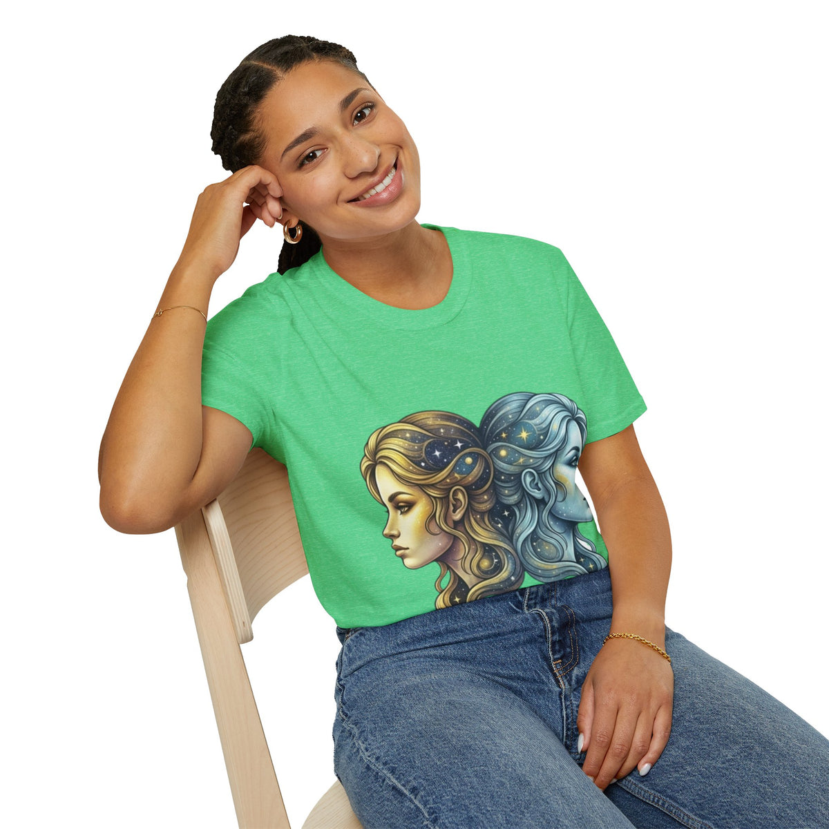 Zodiac Gemini Sun & Moon T-Shirt — Dual Faces Cosmic Design