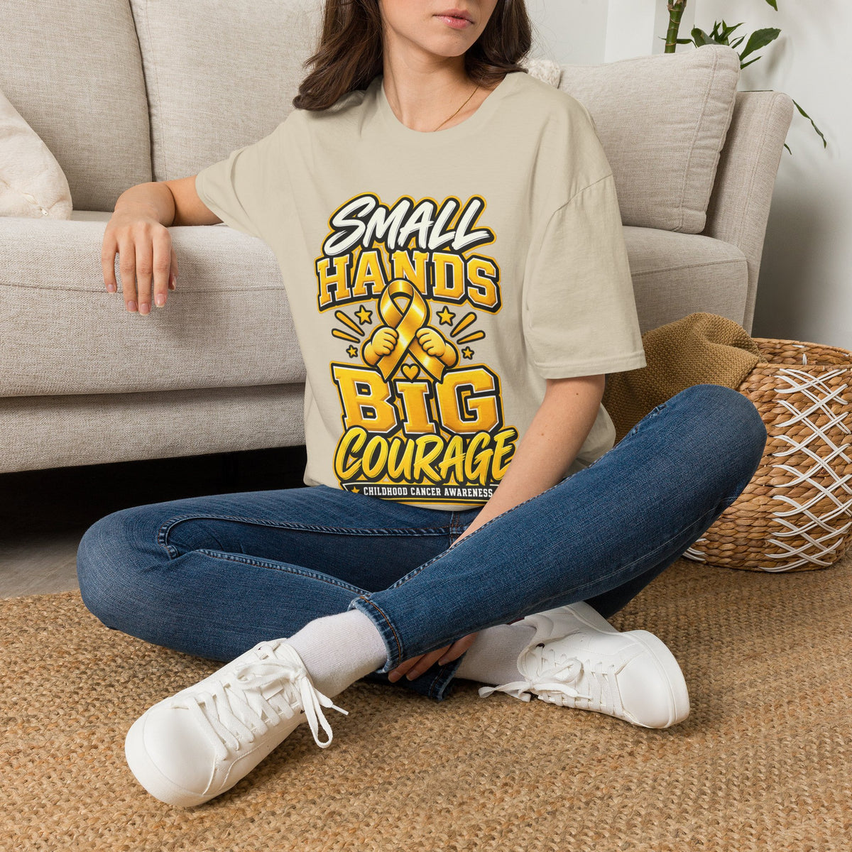 Children's Cancer Awareness T-Shirt — "Small Hands Big Courage" Yellow Ribbon