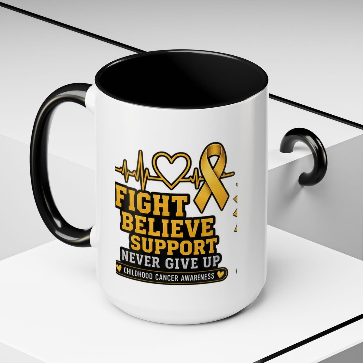 Childhood Cancer Awareness Accent Coffee Mug — "Fight Believe Support" 11/15oz