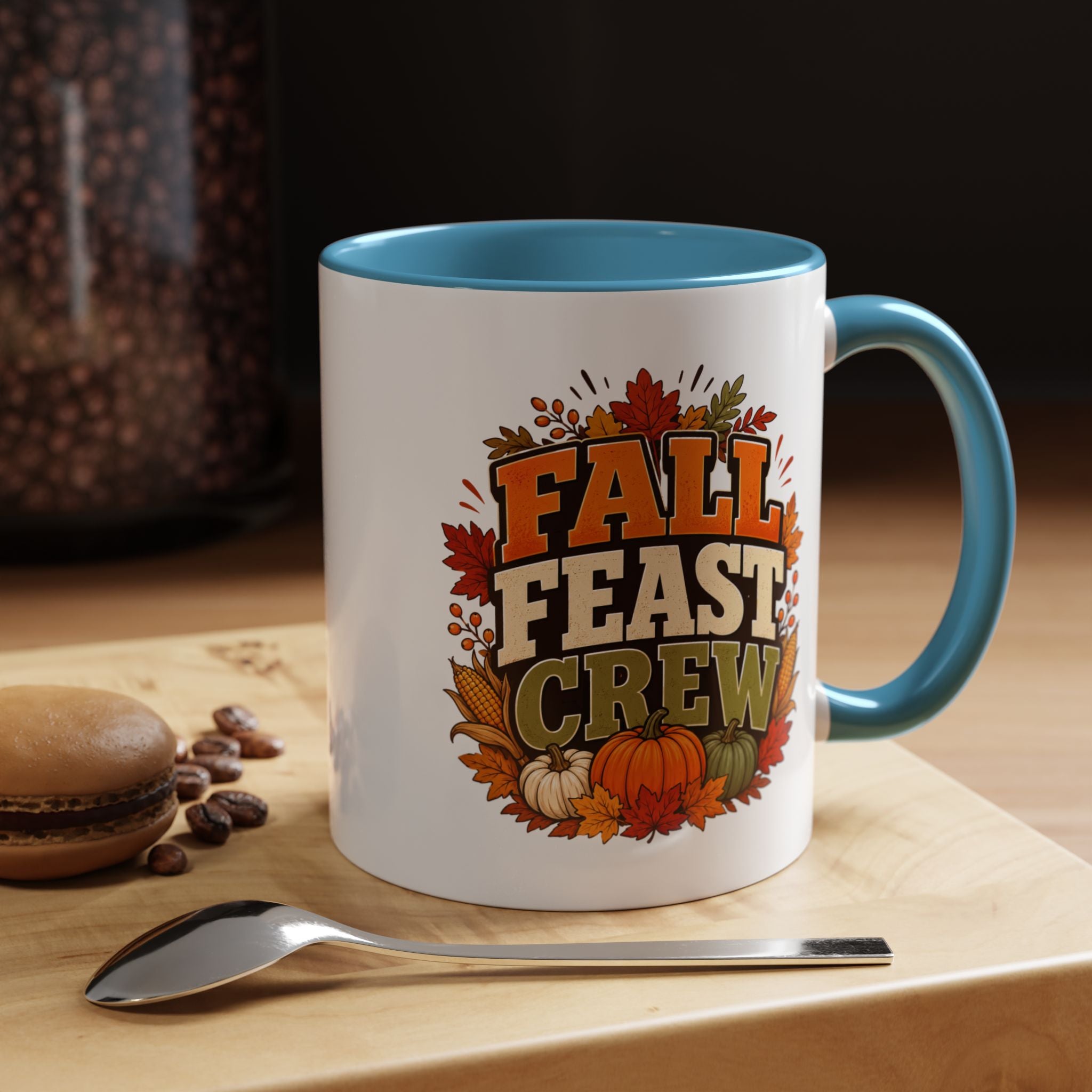 Thanksgiving Mug Fall Feast Crew Coffee Mug — Thanksgiving Pumpkin Autumn Leaves Accent Mug