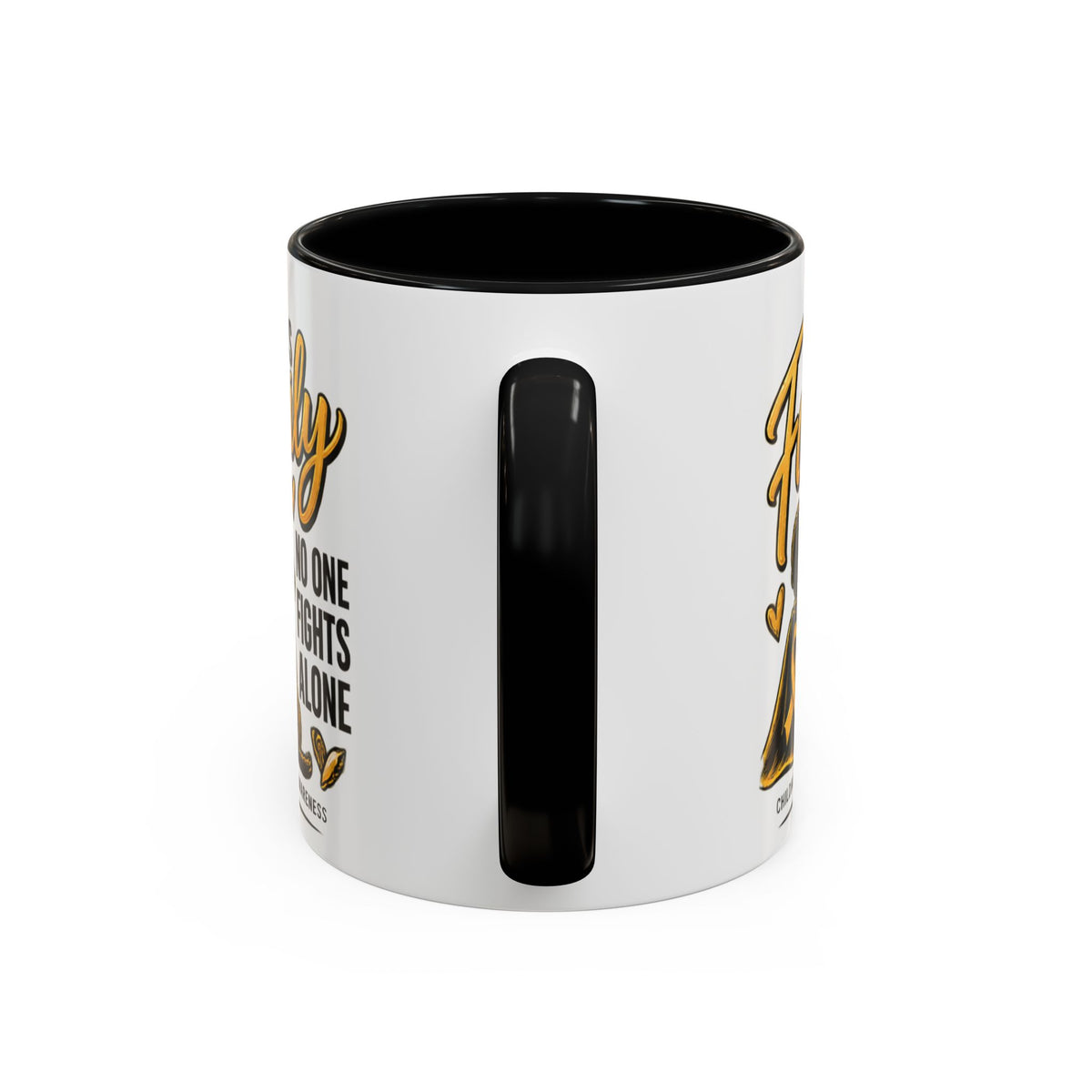 Childhood Cancer Awareness Accent Coffee Mug – "In This Family No One Fights Alone" (11/15oz)