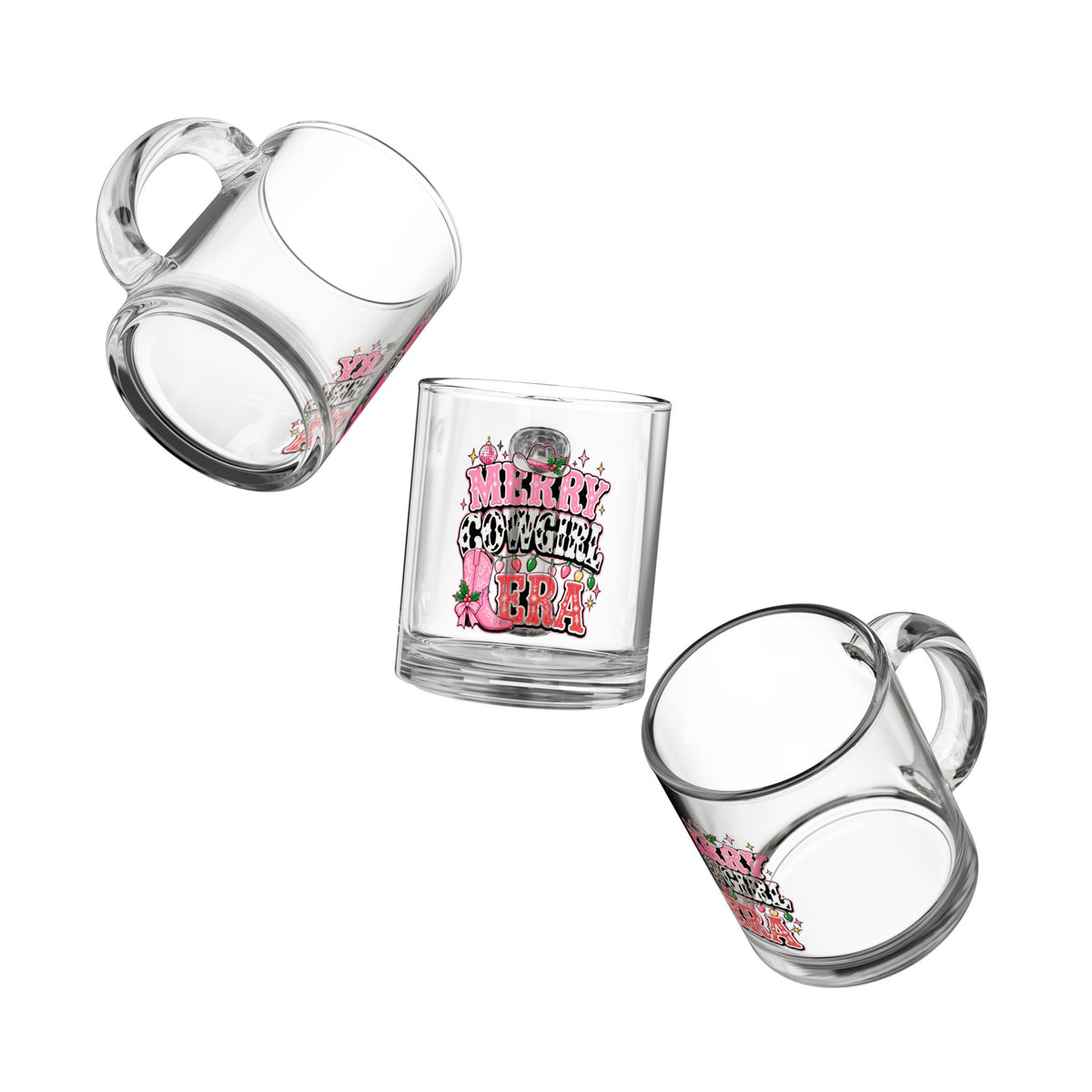 Modern Day Christmas Glass Mug  10oz Glass Mug — Merry Cowgirl Era Pink Cowgirl Christmas Design