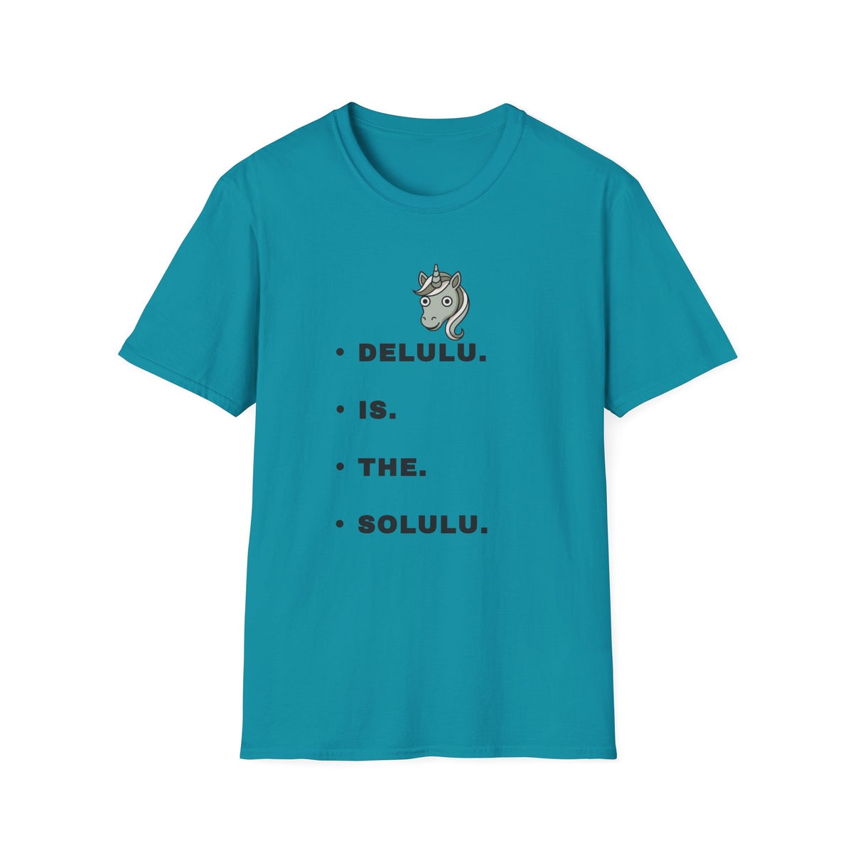 T-Shirt — Minimalist Unicorn Graphic Tee with "DELULU" Text - Trending Now - September 2026
