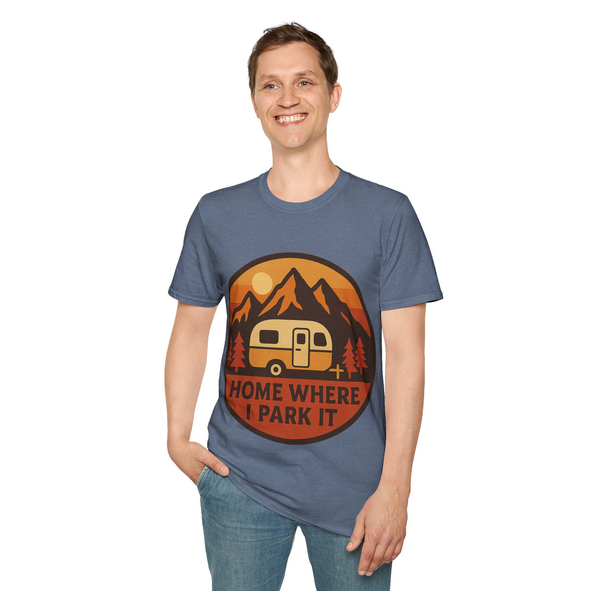 "Home Where I Park It" Vintage Camper Van Graphic Tee - Retro Sunset Mountain White T-Shirt - Trending Now - September 2026