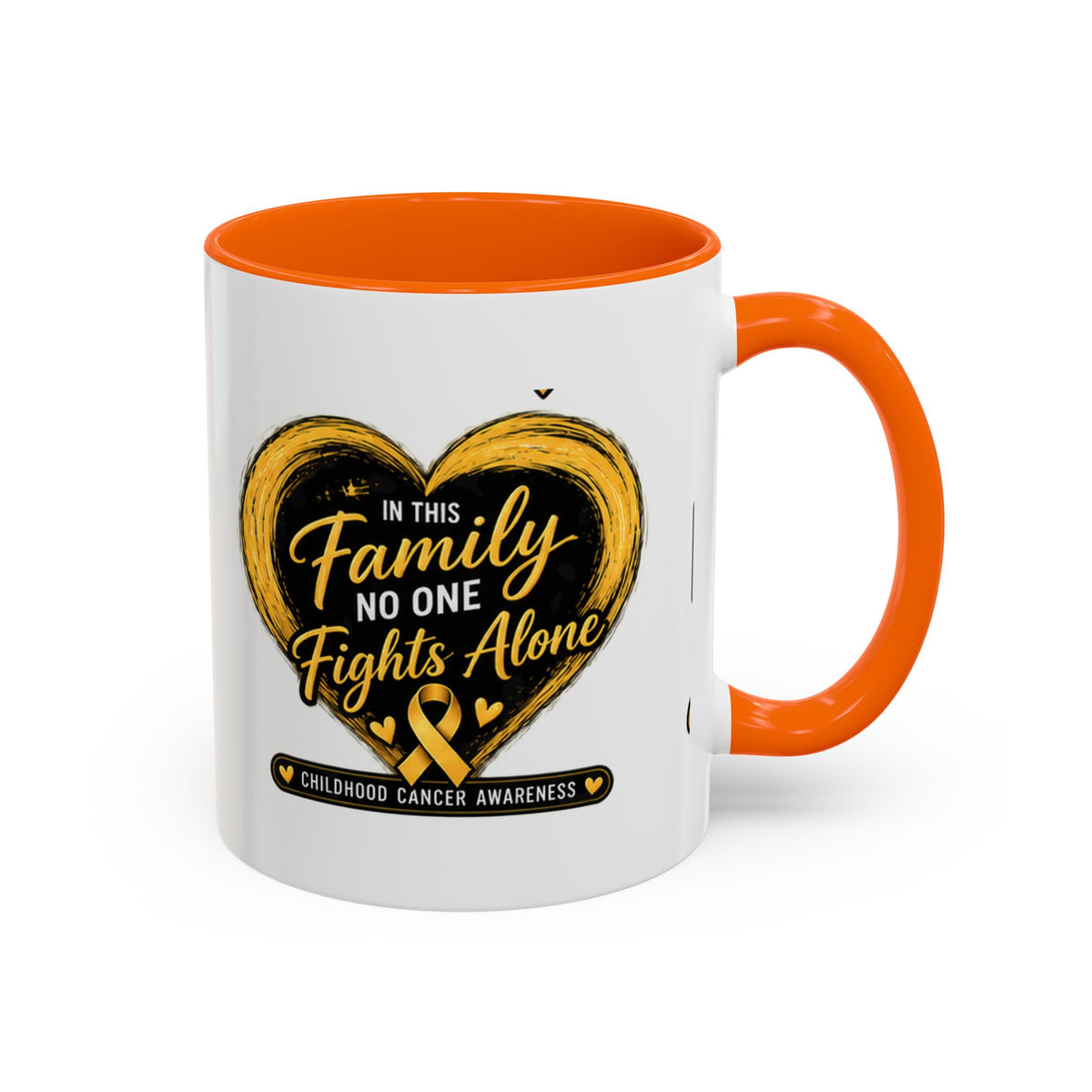 Childhood Cancer Awareness Accent Coffee Mug — "In This Family No One Fights Alone"