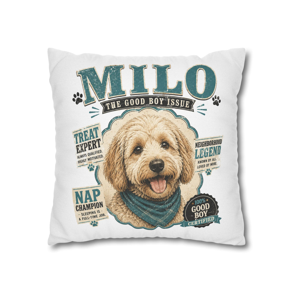 Milo 'The Good Boy Issue' Decorative Dog Pillowcase — Personalized Pet Name Cushion Cover Milo Bailey Dog Dad Mom