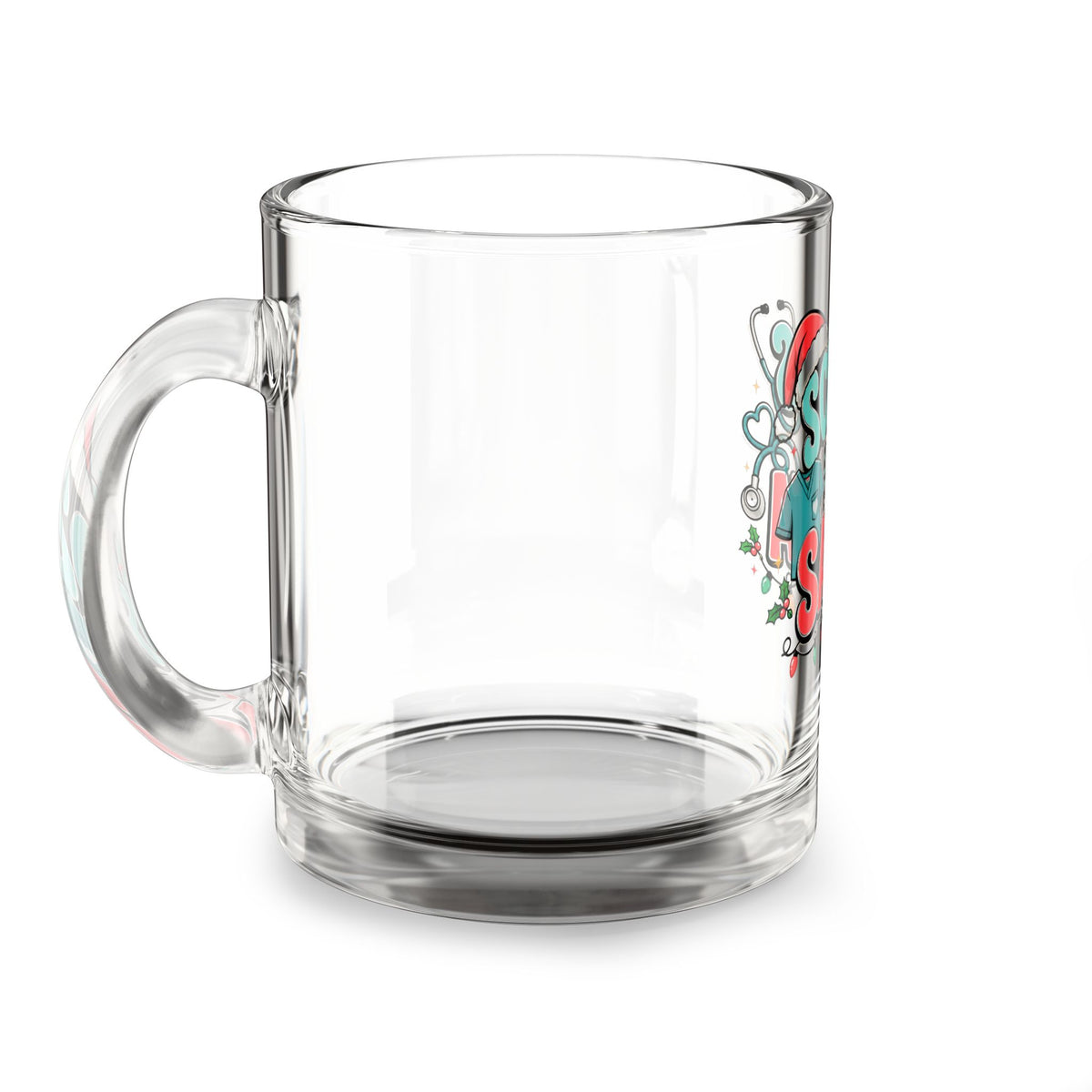 Modern Day Christmas Glass Mug  10oz Glass Mug - "Scrubs and Santa" Christmas Nurse Coffee Cup, 10oz